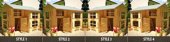 Different Styles that are possible when assembling the Annex Log Cabin Playhouse