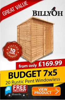 7 x 5 BillyOh 20 Windowless Rustic Economy Overlap Pent