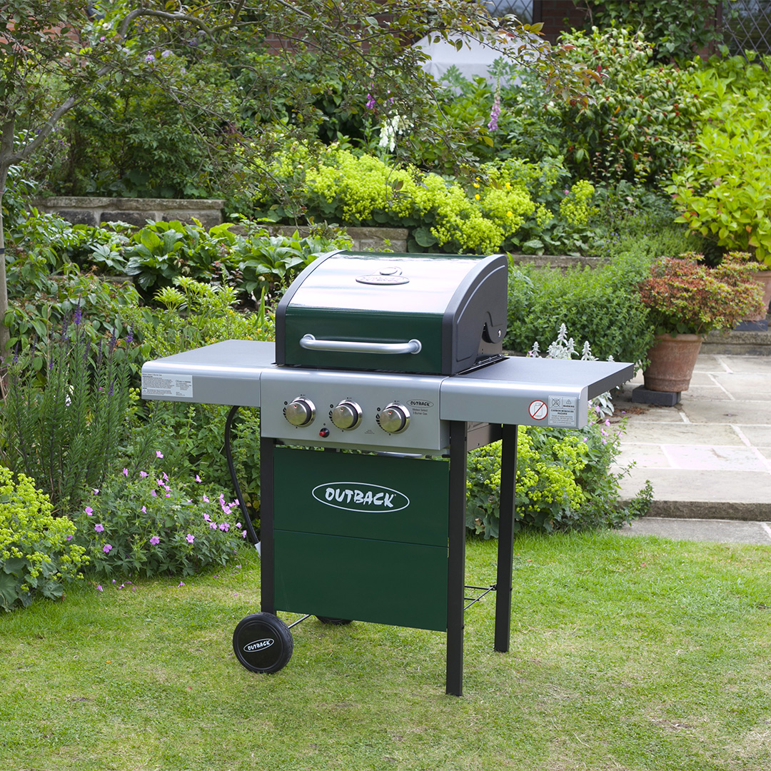 Outback Meteor Hooded 3 Burner Green Gas Barbecue