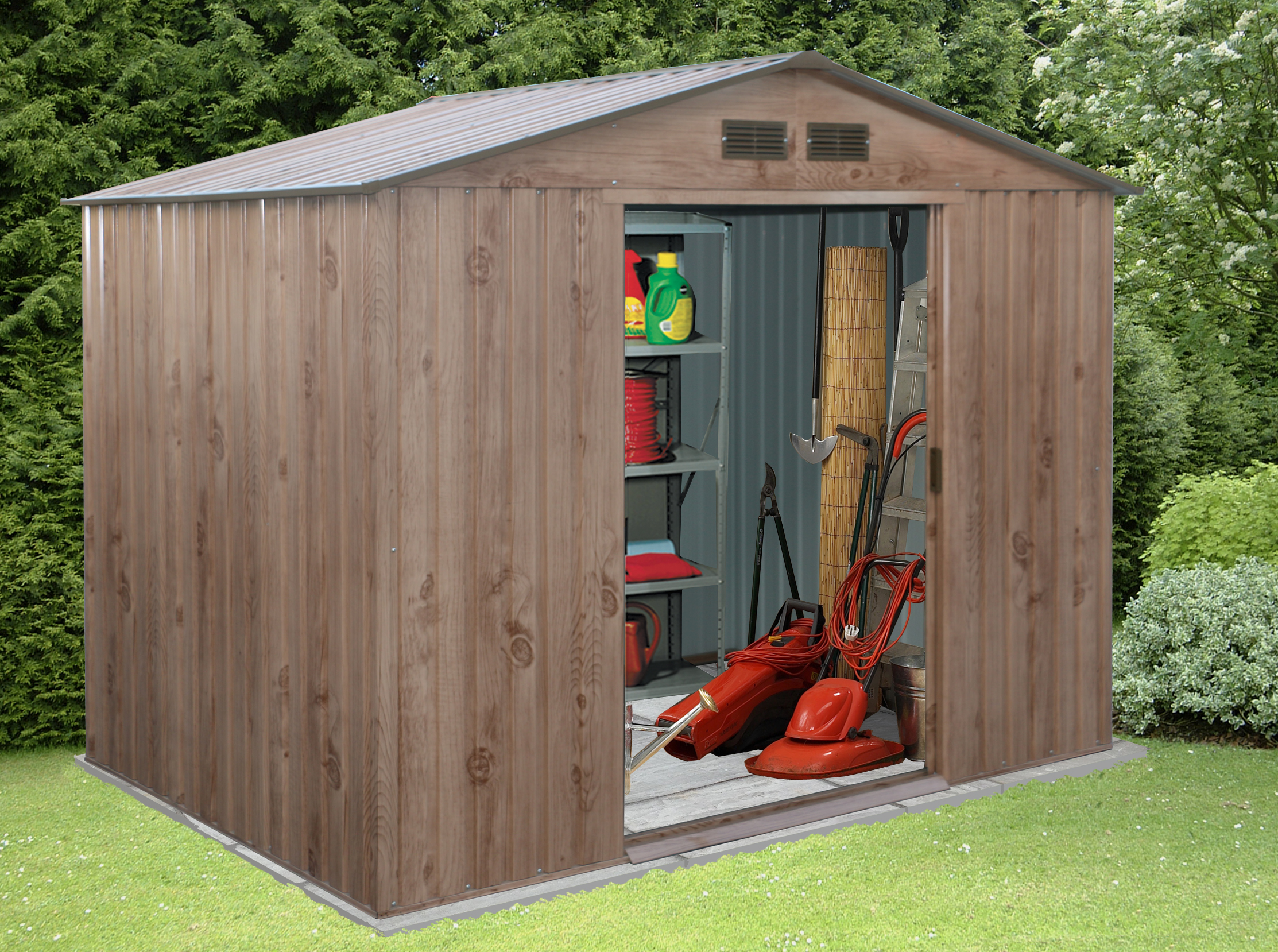 BillyOh 8 x 6 Partner Woodgrain Apex Metal Garden Shed