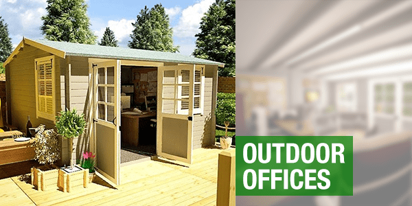 Outdoor offices with a BillyOh shed on a decking with double-doors open