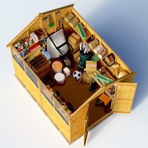 Top view 3d render keeper apex shed with roof off doors open filled with toys and tools