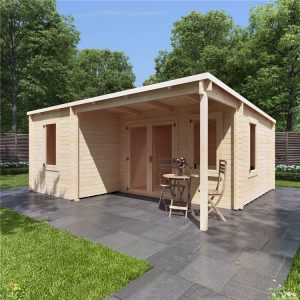 billyoh cove multiroom log cabin render on stone paving in a garden on a clear sunny day