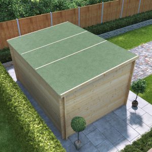 Metro felt roof cover 3d render of shed on paving slabs in corner of a garden on hedgerow boundary with pent green felt roof