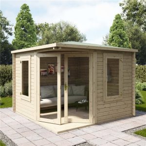 corner log cabin summerhouse in a british garden