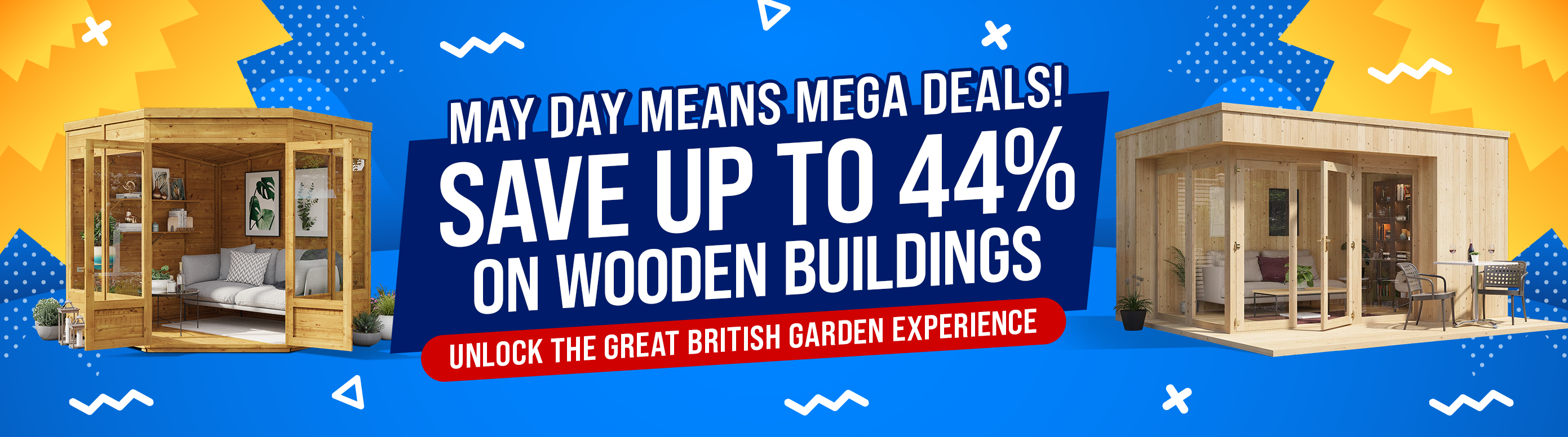 may day means mega deals! save up to 44% on wooden buildings