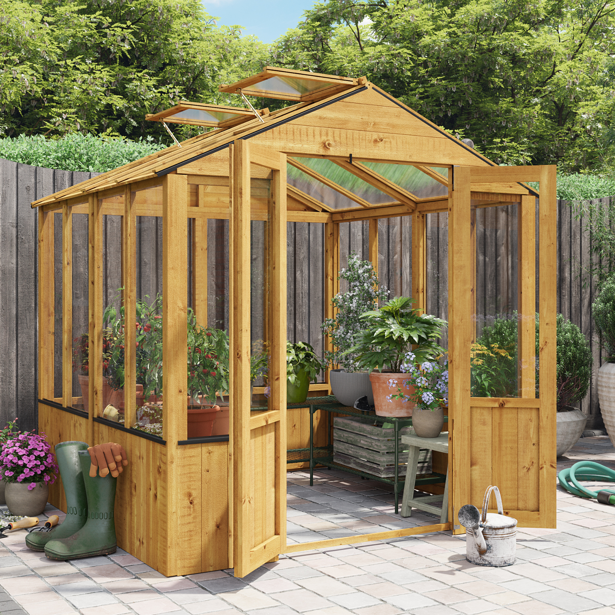 6x6 Wooden Clear Wall Greenhouse with Opening Roof Vent | Lincoln Wooden Greenhouse
