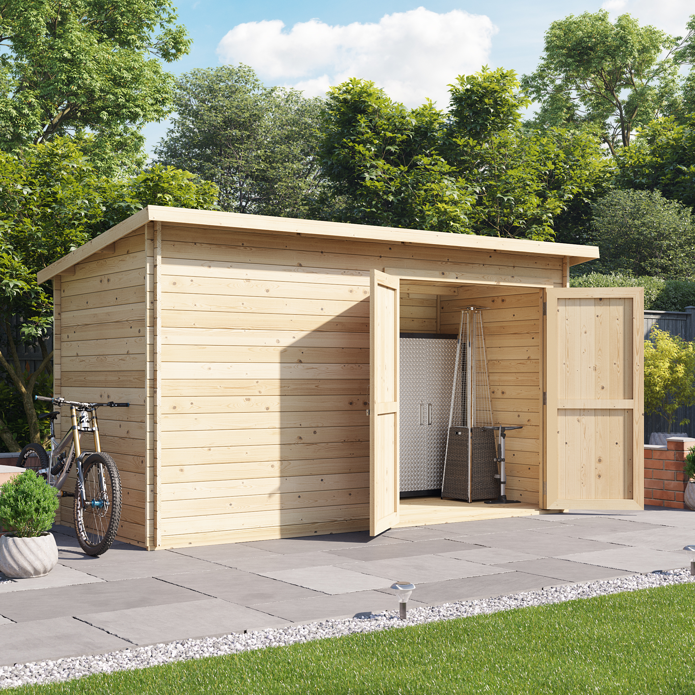 Image of 12x6 Log Cabin - BillyOh Pent Log Cabin Windowless Heavy Duty Shed Range - Double Door Garden Storage 19mm