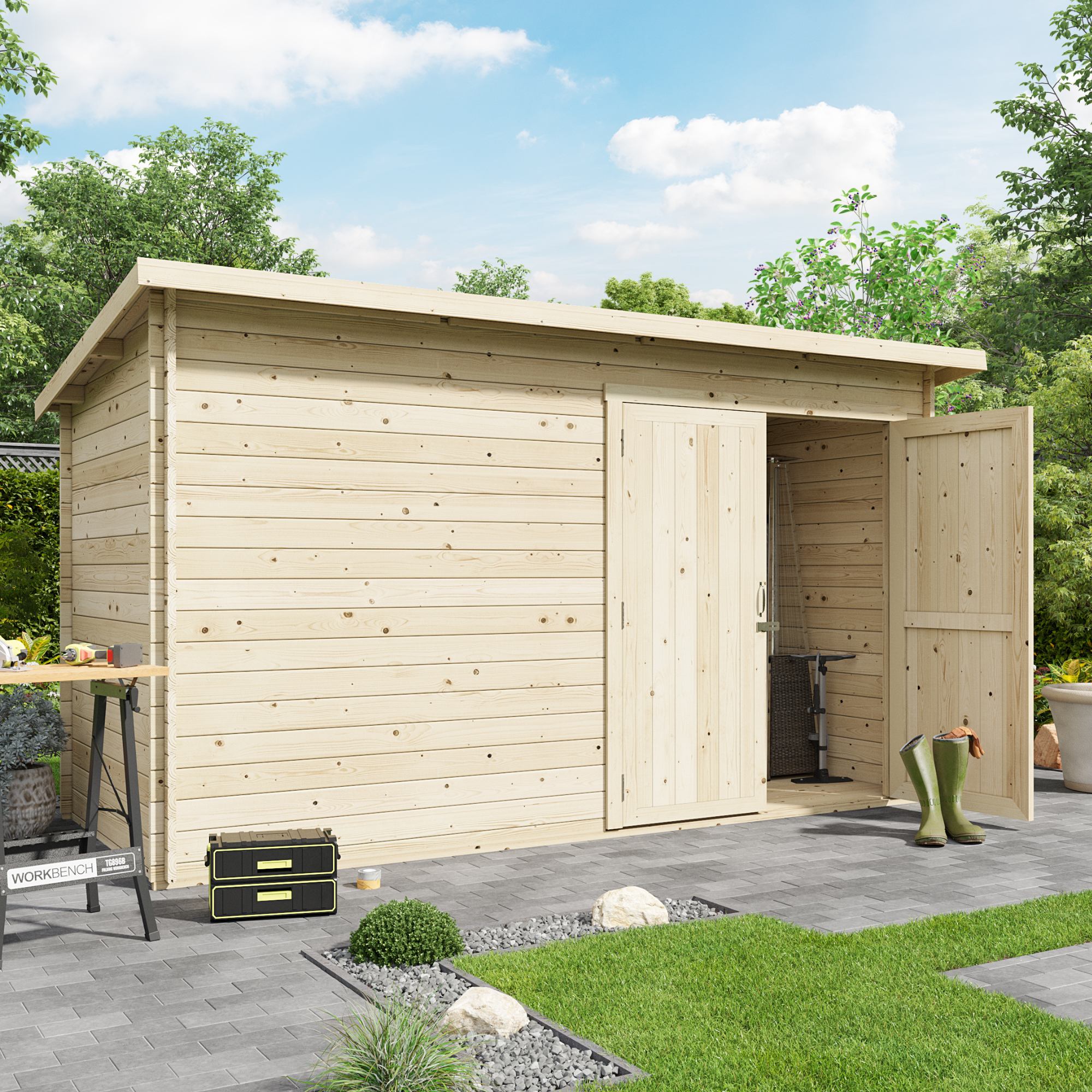 12x6 Log Cabin - BillyOh Pent Log Cabin Windowless Heavy Duty Shed Range - Double Door Garden Storage 19mm