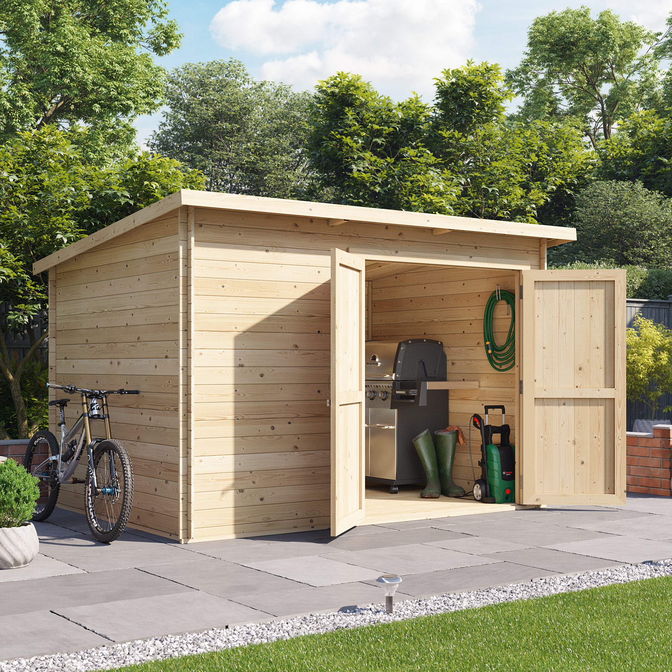 10x8 Log Cabin - BillyOh Pent Log Cabin Windowless Heavy Duty Shed Range - Double Door Garden Storage 19mm