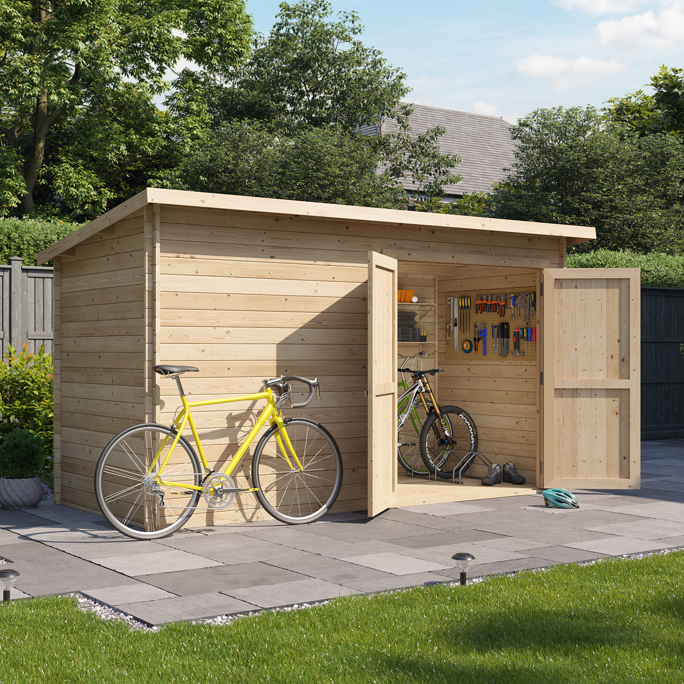 Image of 12 x 6 Log Cabin - BillyOh Pent Log Cabin Windowless Heavy Duty Bike Store Range - 12x6 Log Cabin Shed Double Door - 19mm