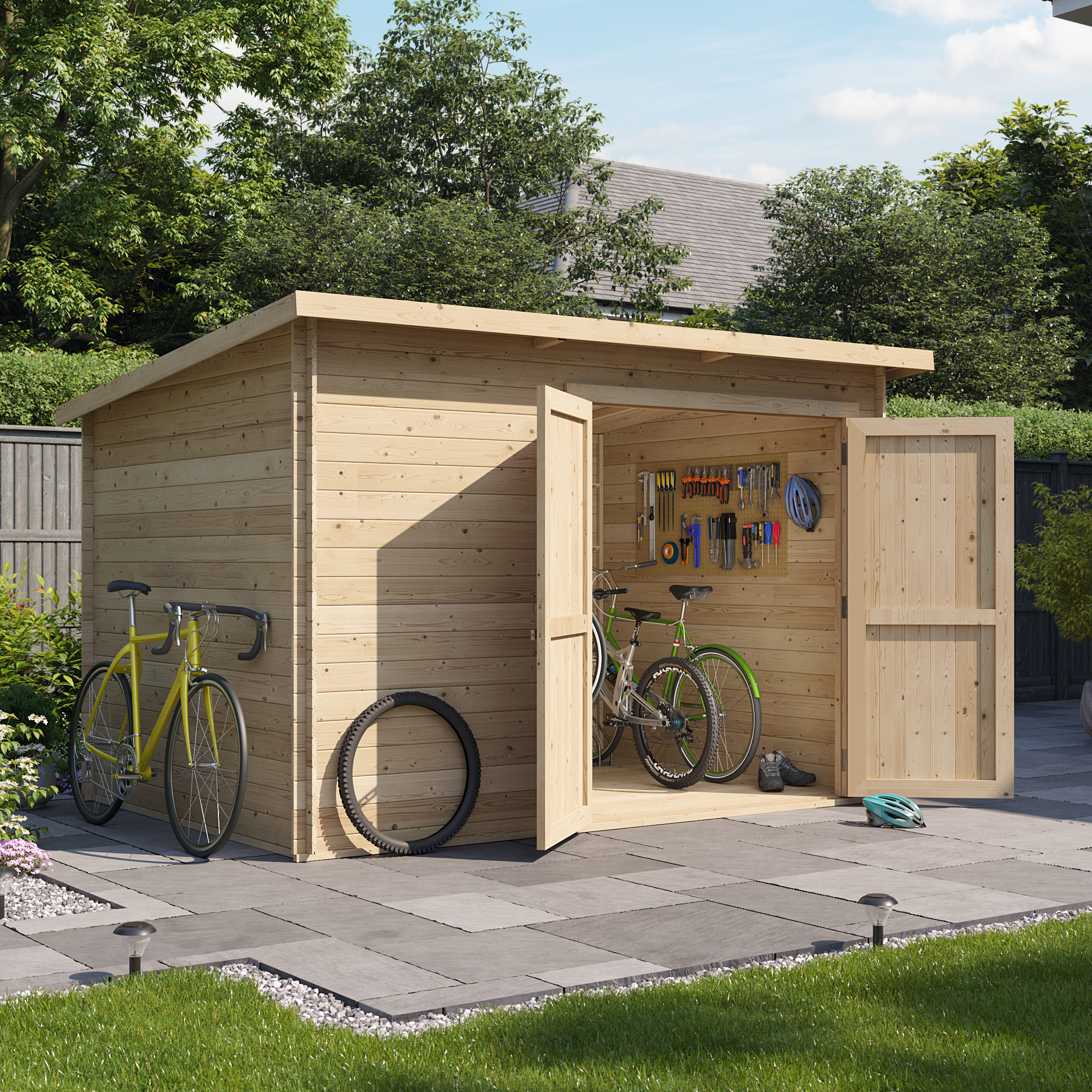 Image of 10 x 8 Log Cabin - BillyOh Pent Log Cabin Windowless Heavy Duty Bike Store Range - 10x8 Log Cabin Shed Double Door - 19mm