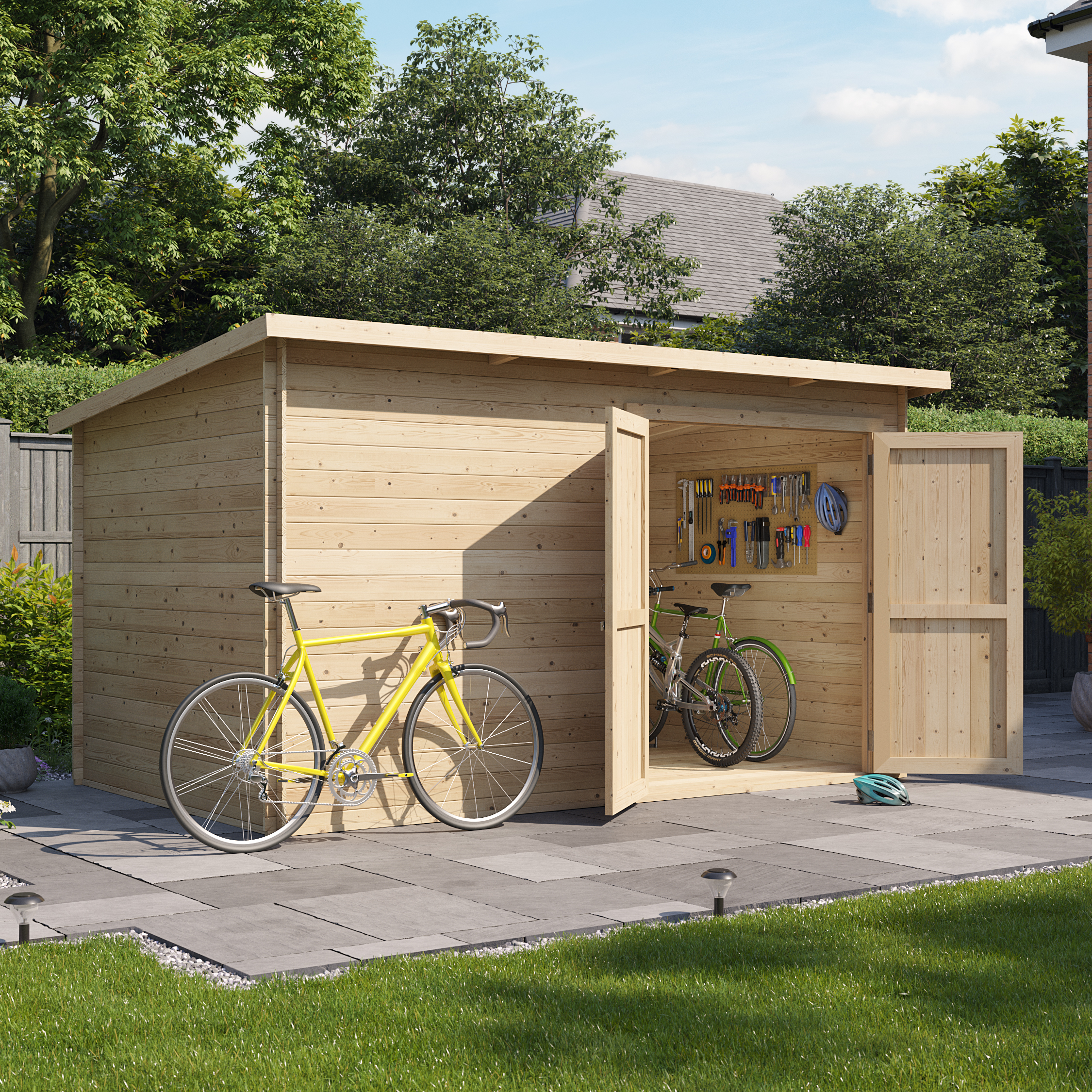 12 x 8 Log Cabin - BillyOh Pent Log Cabin Windowless Heavy Duty Bike Store Range - 12x8 Log Cabin Shed Double Door - 28mm