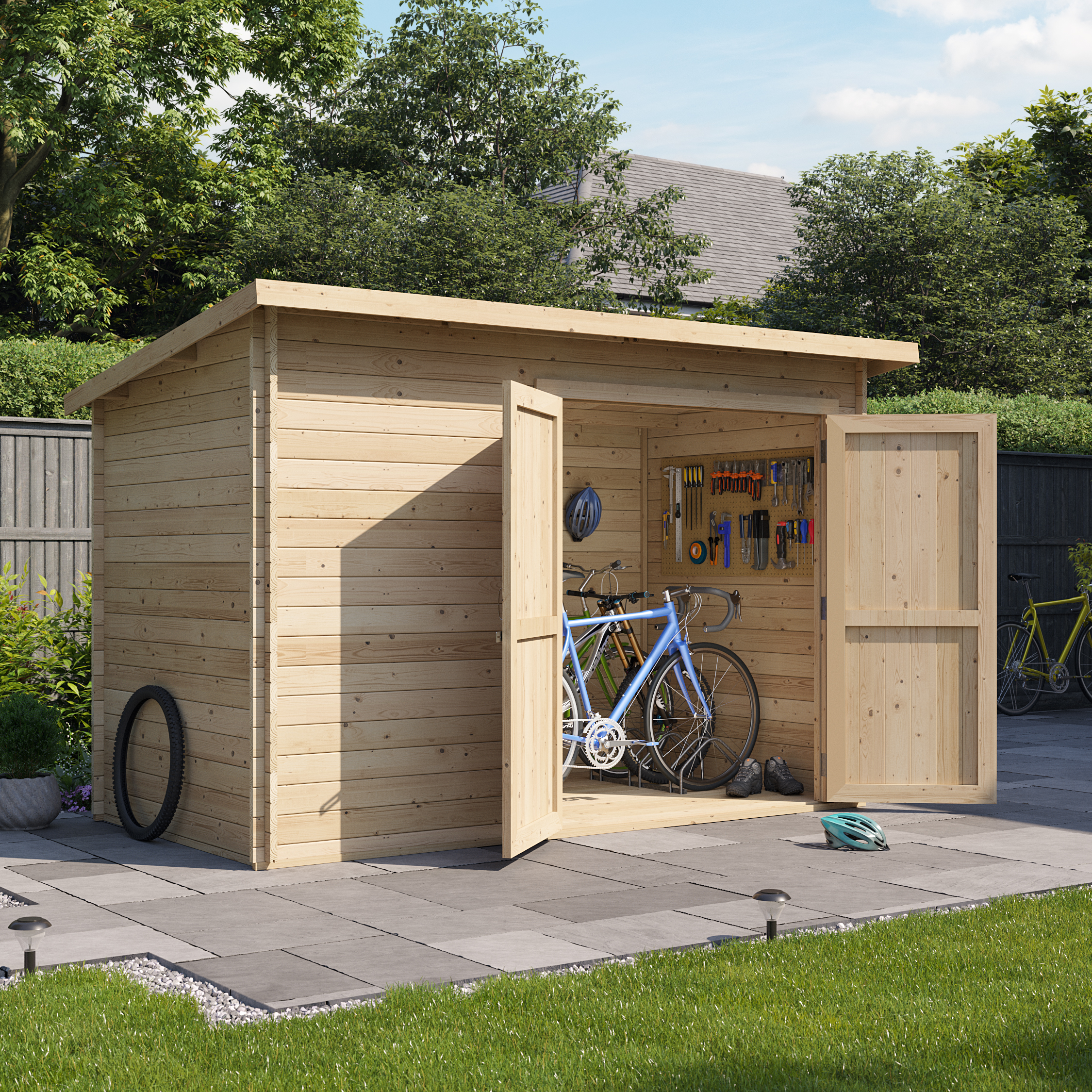 10 x 6 Log Cabin - BillyOh Pent Log Cabin Windowless Heavy Duty Bike Store Range - 10x6 Log Cabin Shed Double Door - 28mm