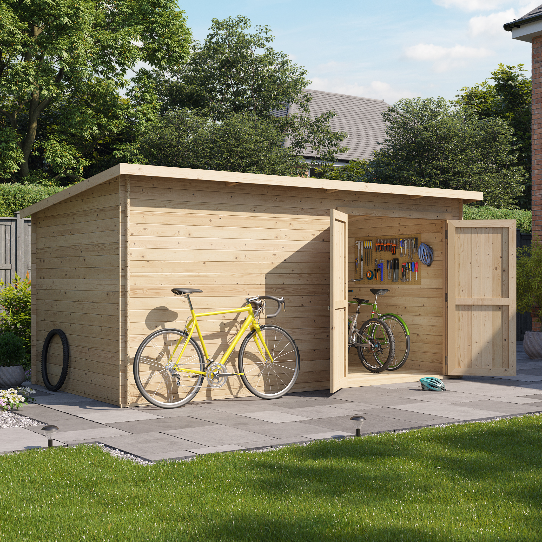 14 x 8 Log Cabin - BillyOh Pent Log Cabin Windowless Heavy Duty Bike Store Range - 14x8 Log Cabin Shed Double Door - 28mm