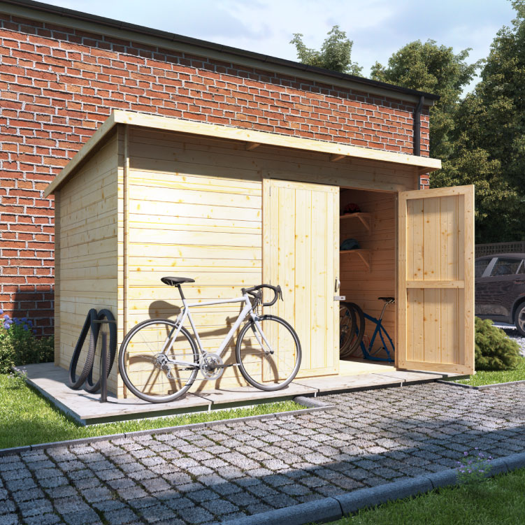 10 x 8 Log Cabin - BillyOh Pent Log Cabin Windowless Heavy Duty Bike Store Range - 10x8 Log Cabin Double Door - 19mm