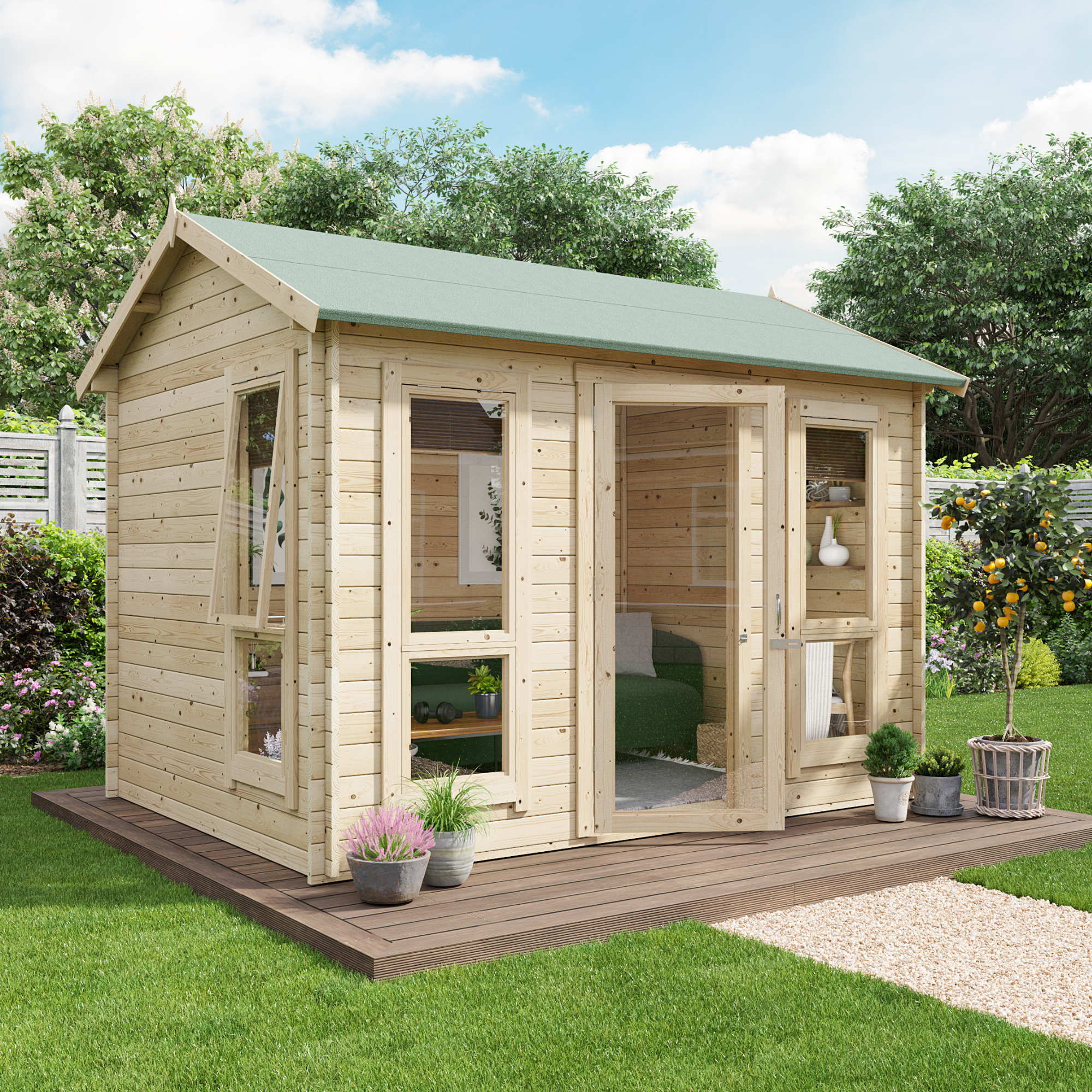 10 x 8 Log Cabin - BillyOh Darcy Log Cabin Summerhouse - 10x8 Modern Single Door 19mm Reverse Apex Cabin