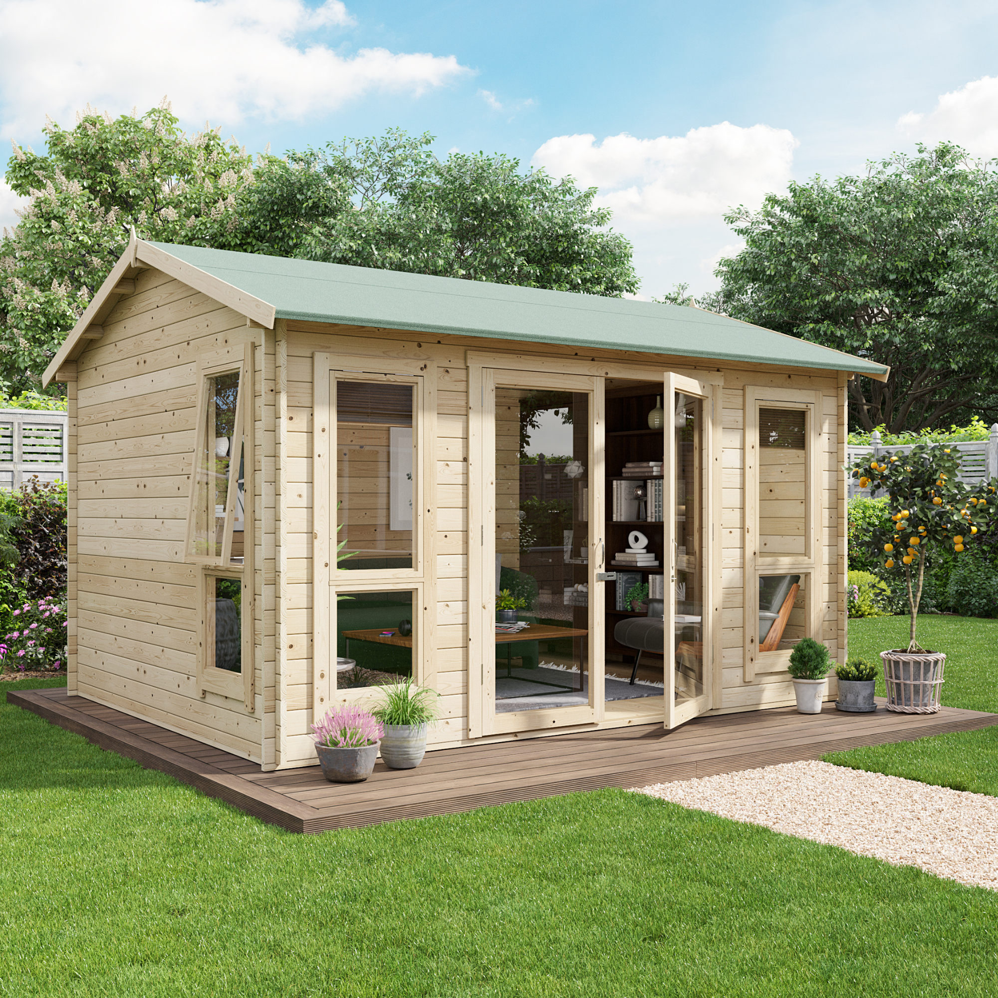 12 x 10 Log Cabin - BillyOh Darcy Log Cabin Summerhouse - 12x10 Modern Double Door 19mm Reverse Apex Cabin