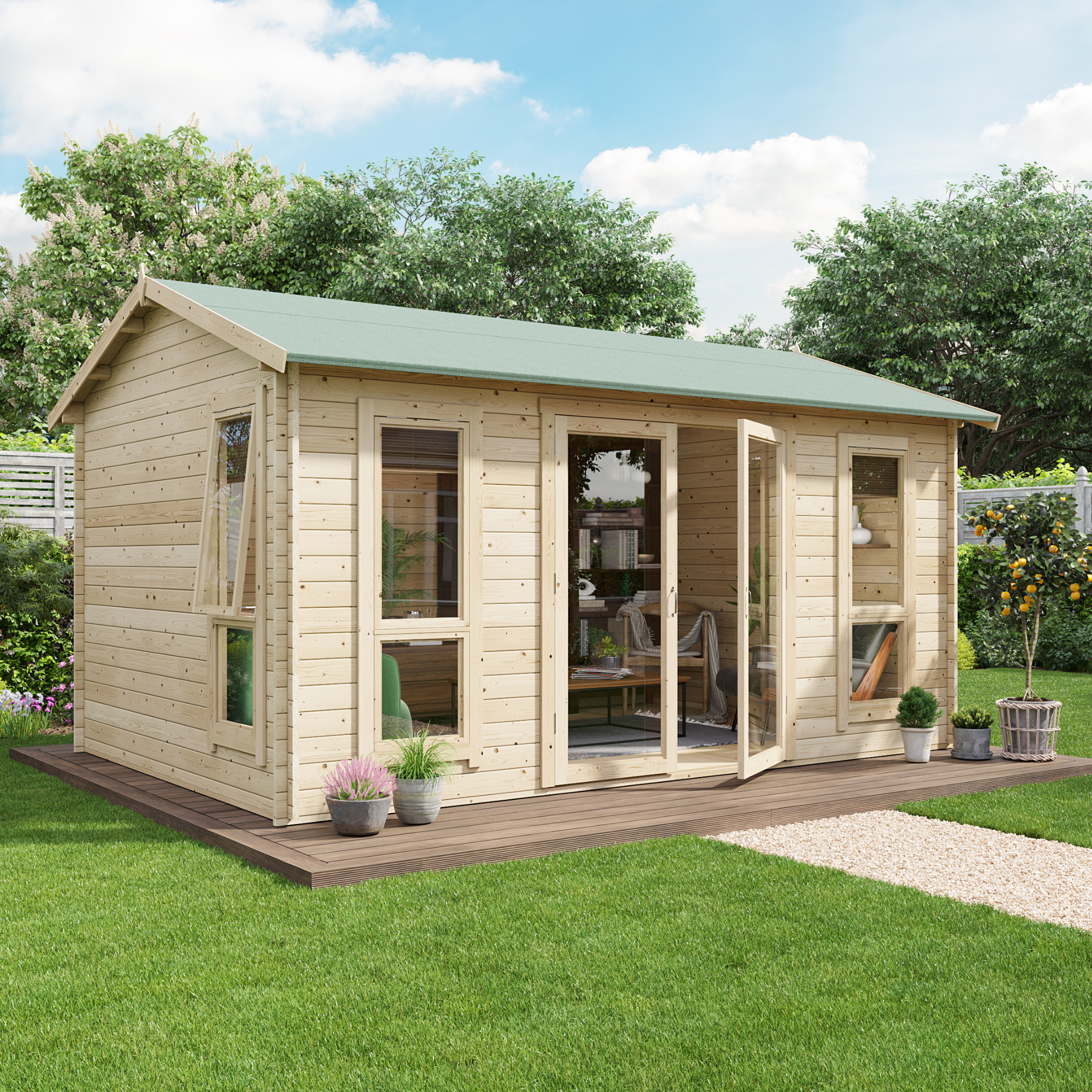 14 x 10 Log Cabin - BillyOh Darcy Log Cabin Summerhouse - 14 x10 Modern Double Door 19mm Reverse Apex Cabin