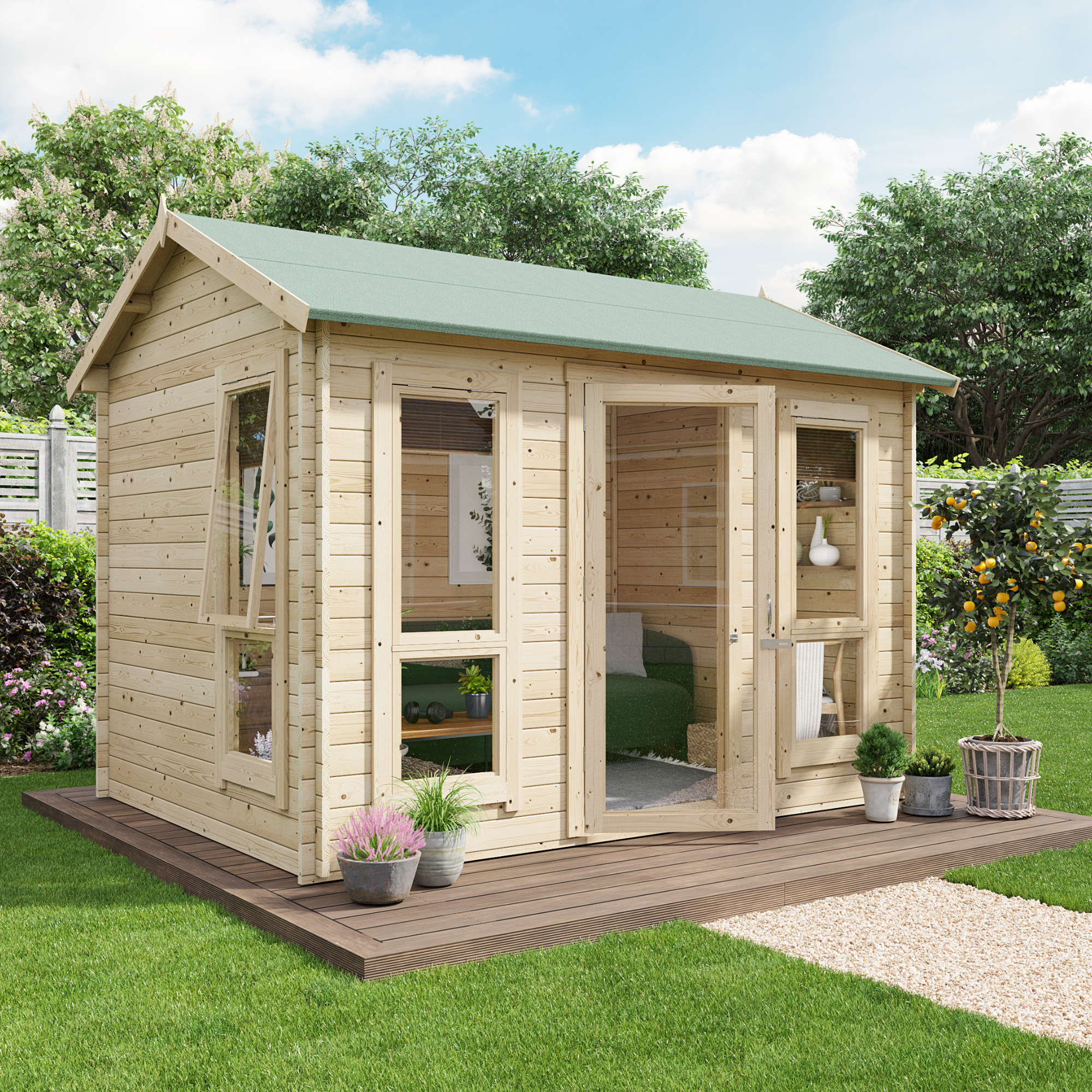 10 x 8 Log Cabin - BillyOh Darcy Log Cabin Summerhouse - 10x8 Modern Single Door 28mm Reverse Apex Cabin