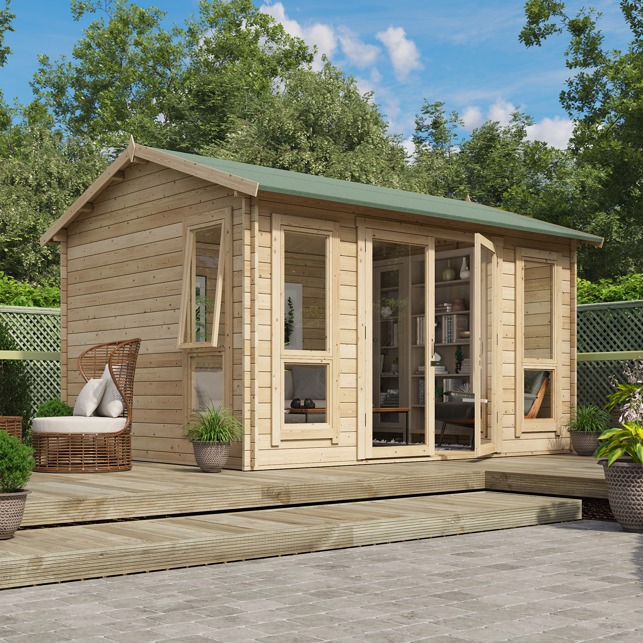 12 x 10 Log Cabin - BillyOh Darcy Log Cabin Summerhouse - 12x10 Modern Double Door 28mm Reverse Apex Cabin