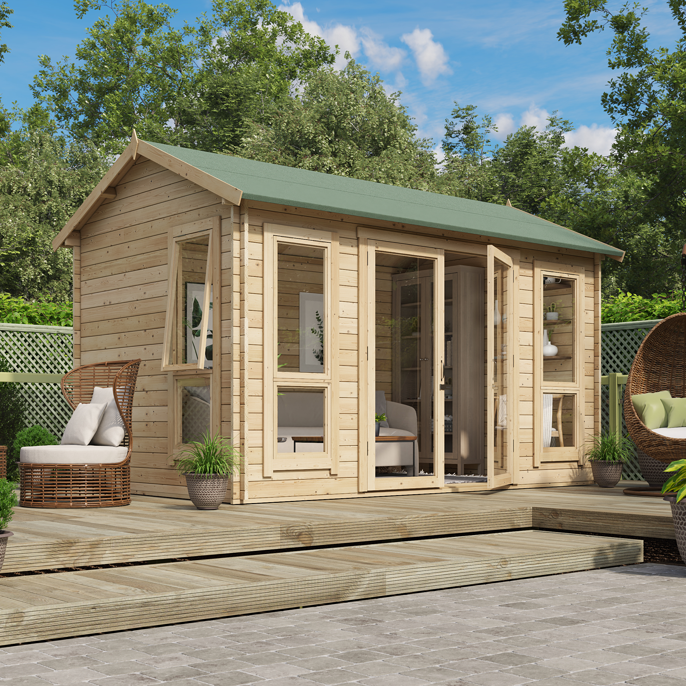 12 x 8 Log Cabin - BillyOh Darcy Log Cabin Summerhouse - 12x8 Modern Double Door 28mm Reverse Apex Cabin