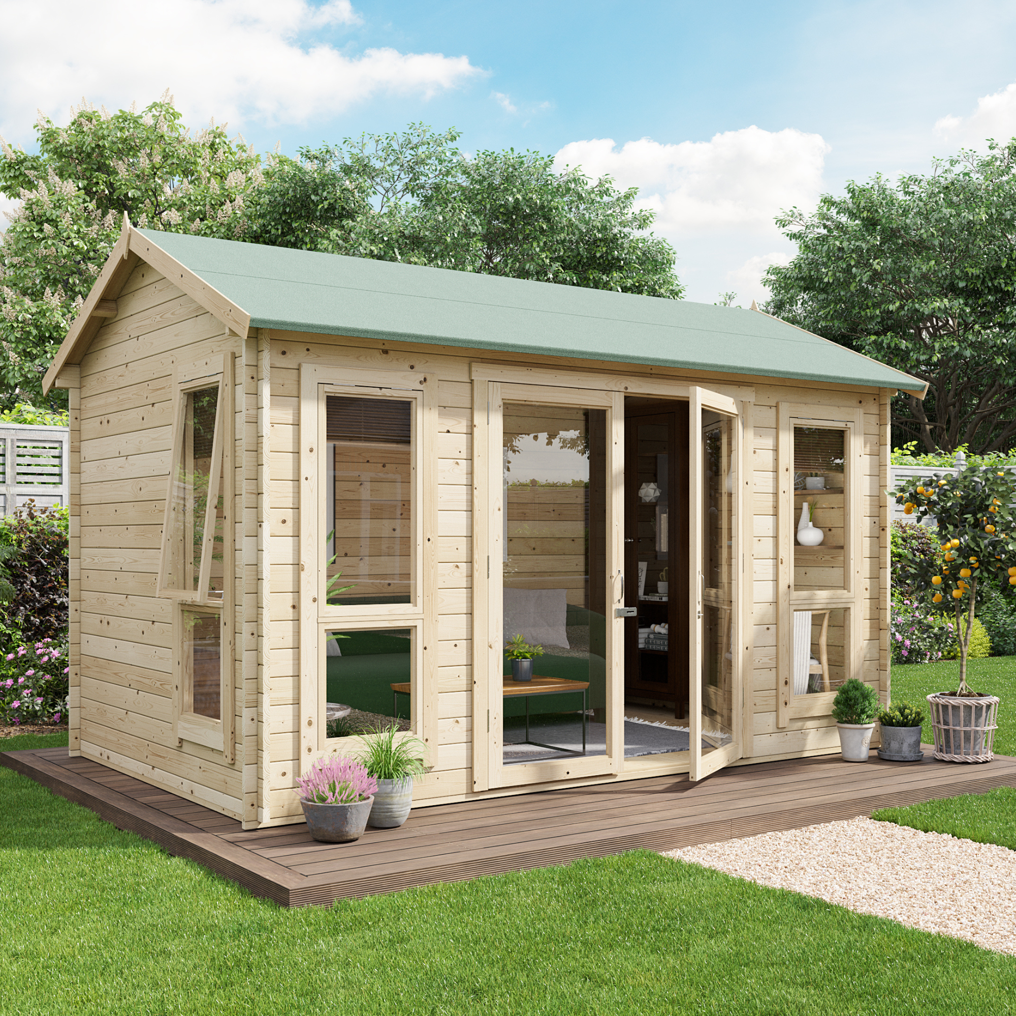 12 x 8 Log Cabin - BillyOh Darcy Log Cabin Summerhouse - 12x8 Modern Double Door 28mm Reverse Apex Cabin