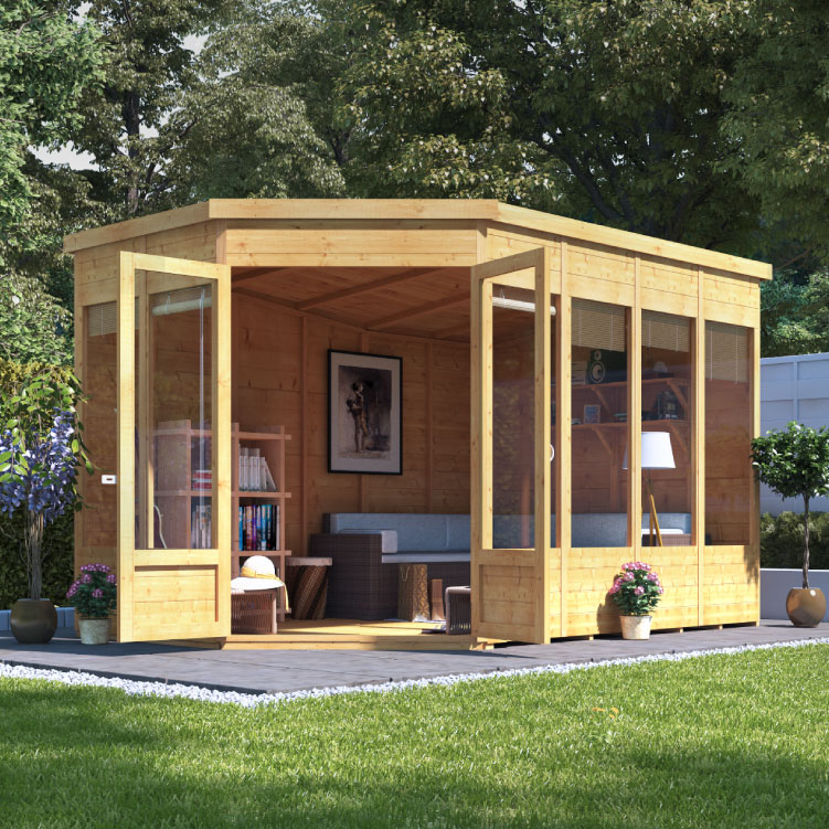 11 x 7 Summerhouse – BillyOh Renna Tongue and Groove Corner Wooden Summer House – Doors on Right With Roof and Floor