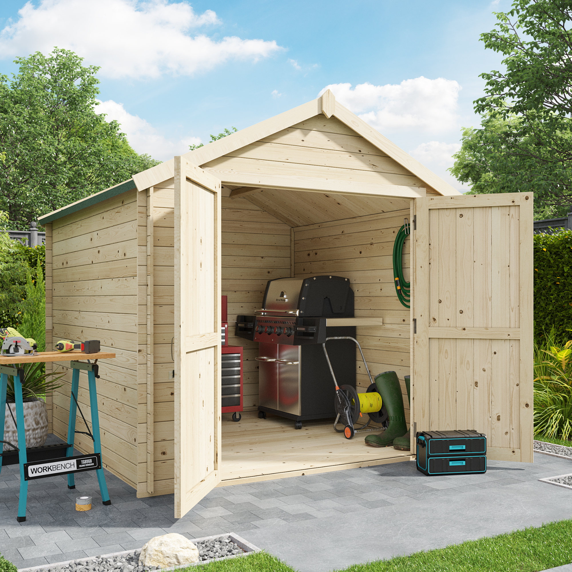 BillyOh Pro Apex Log Cabin - W2.4m x D2.4m - 19mm Tongue & Groove Walls & Wide Door - Log Cabin Shed