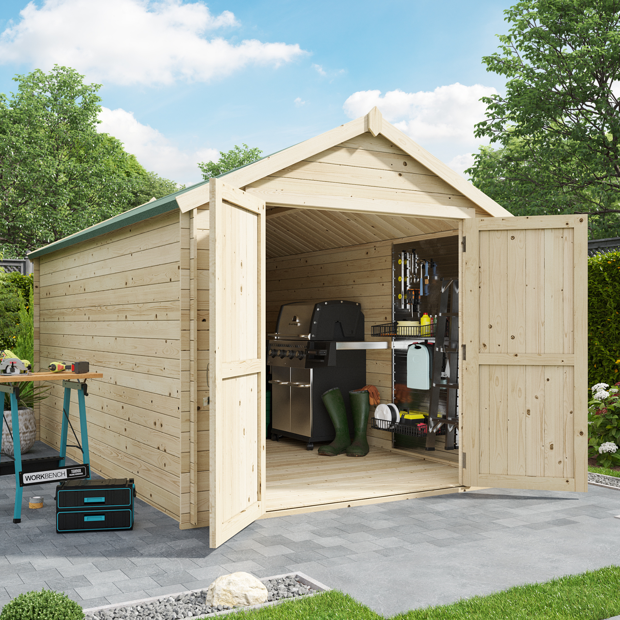 BillyOh Pro Apex Log Cabin - W2.4m x D3.9m - 19mm Tongue & Groove Walls & Wide Door - Log Cabin Shed