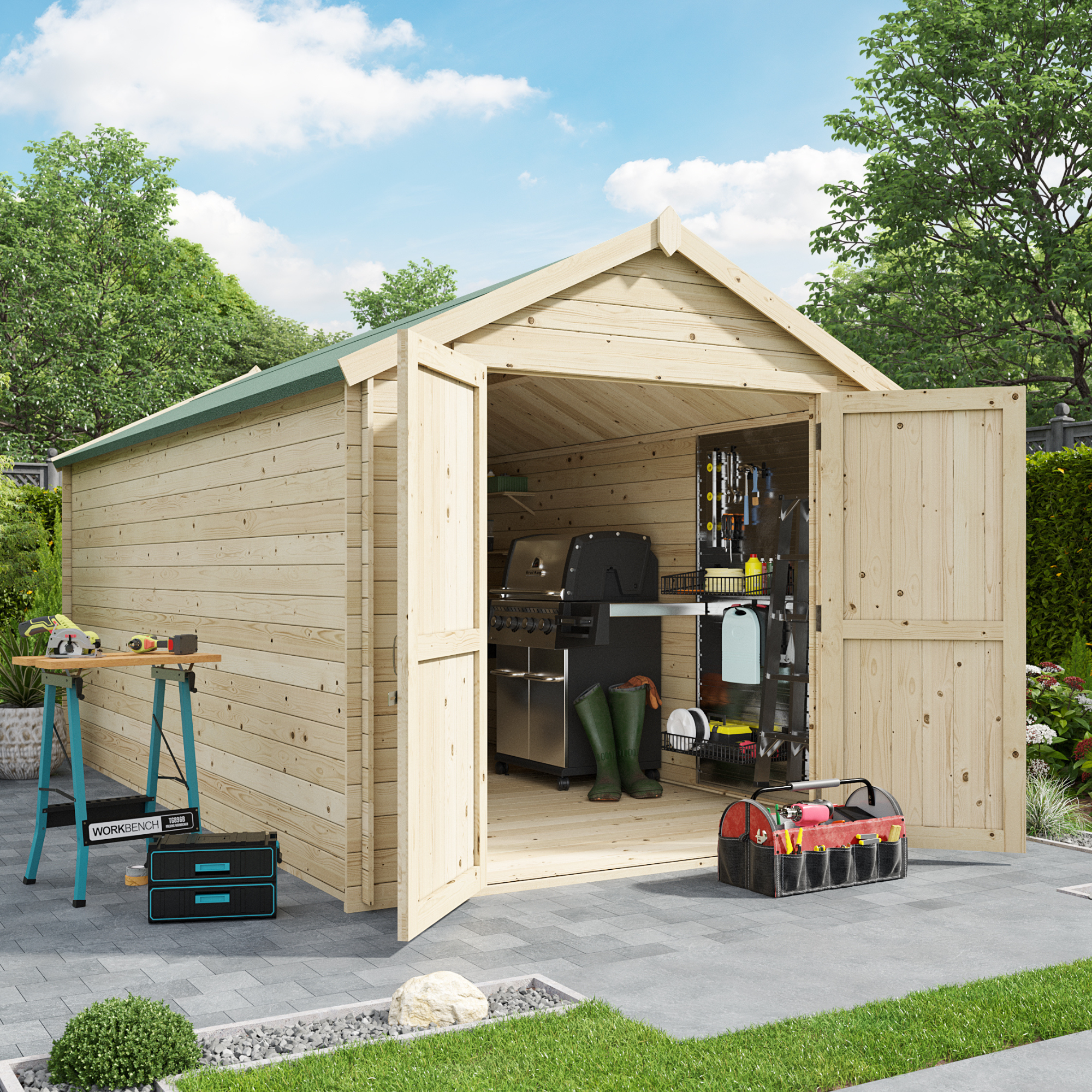 Billyoh Pro Apex Log Cabin W2 4m X D4 5m 19mm Tongue Groove Walls Wide Door Log Cabin Shed