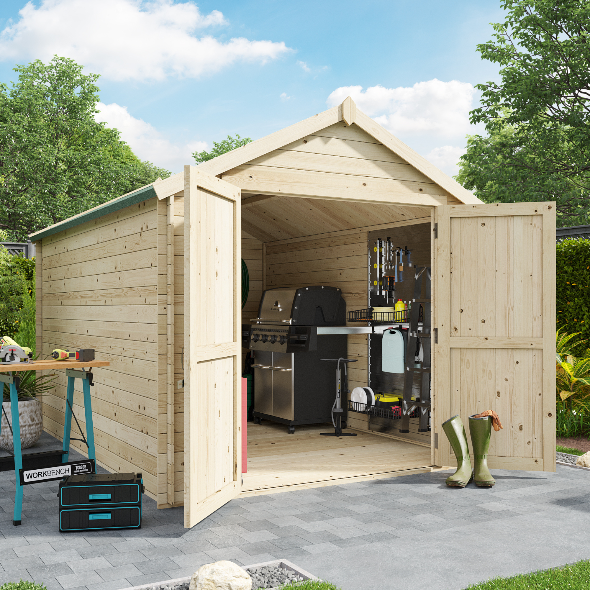 BillyOh Pro Apex Log Cabin - W2.4m x D3.3m - 28mm Tongue & Groove Walls & Wide Door - Log Cabin Shed