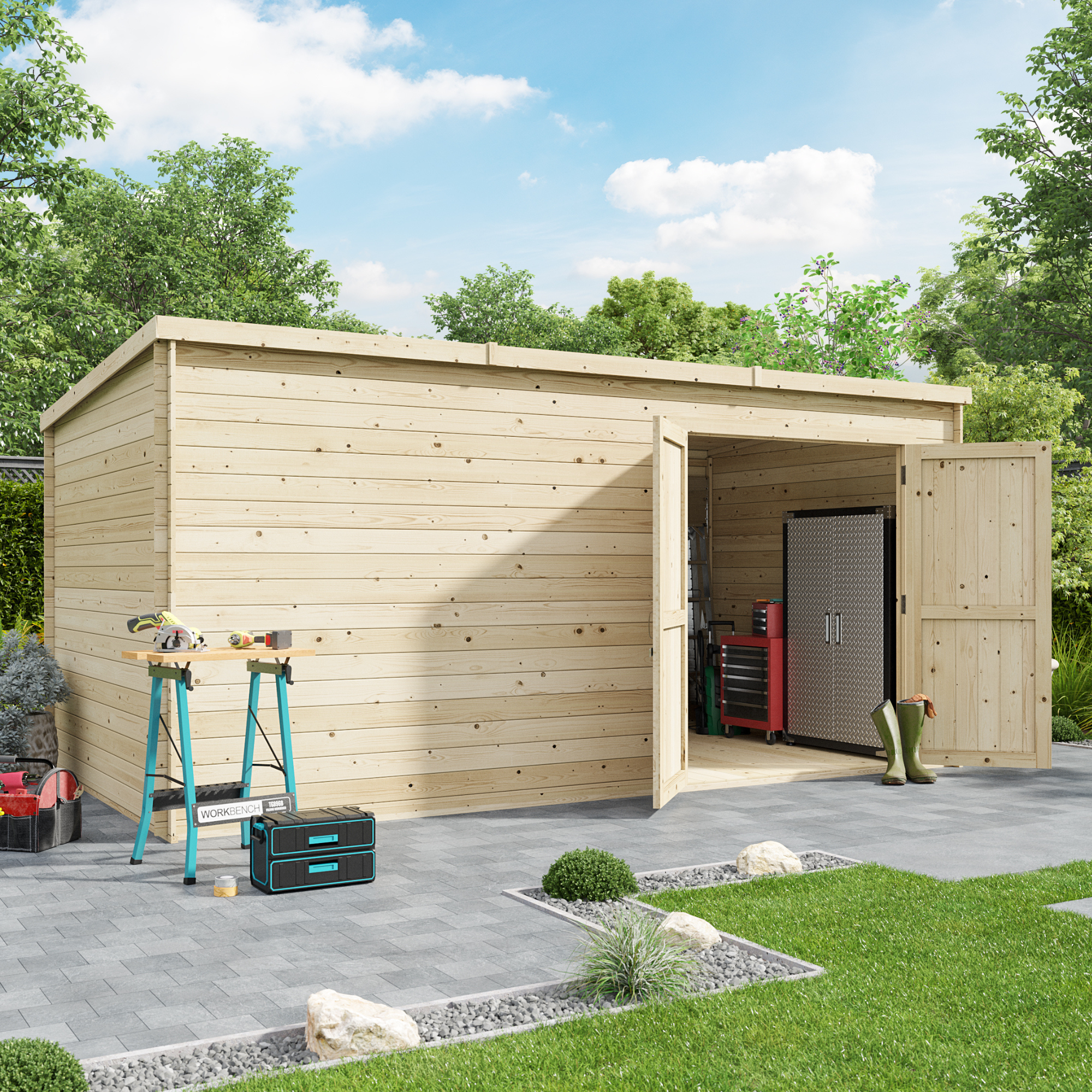 BillyOh Pro Pent Log Cabin - W4.5m x D2.4m - 19mm Tongue & Groove Walls - Log Cabin Shed