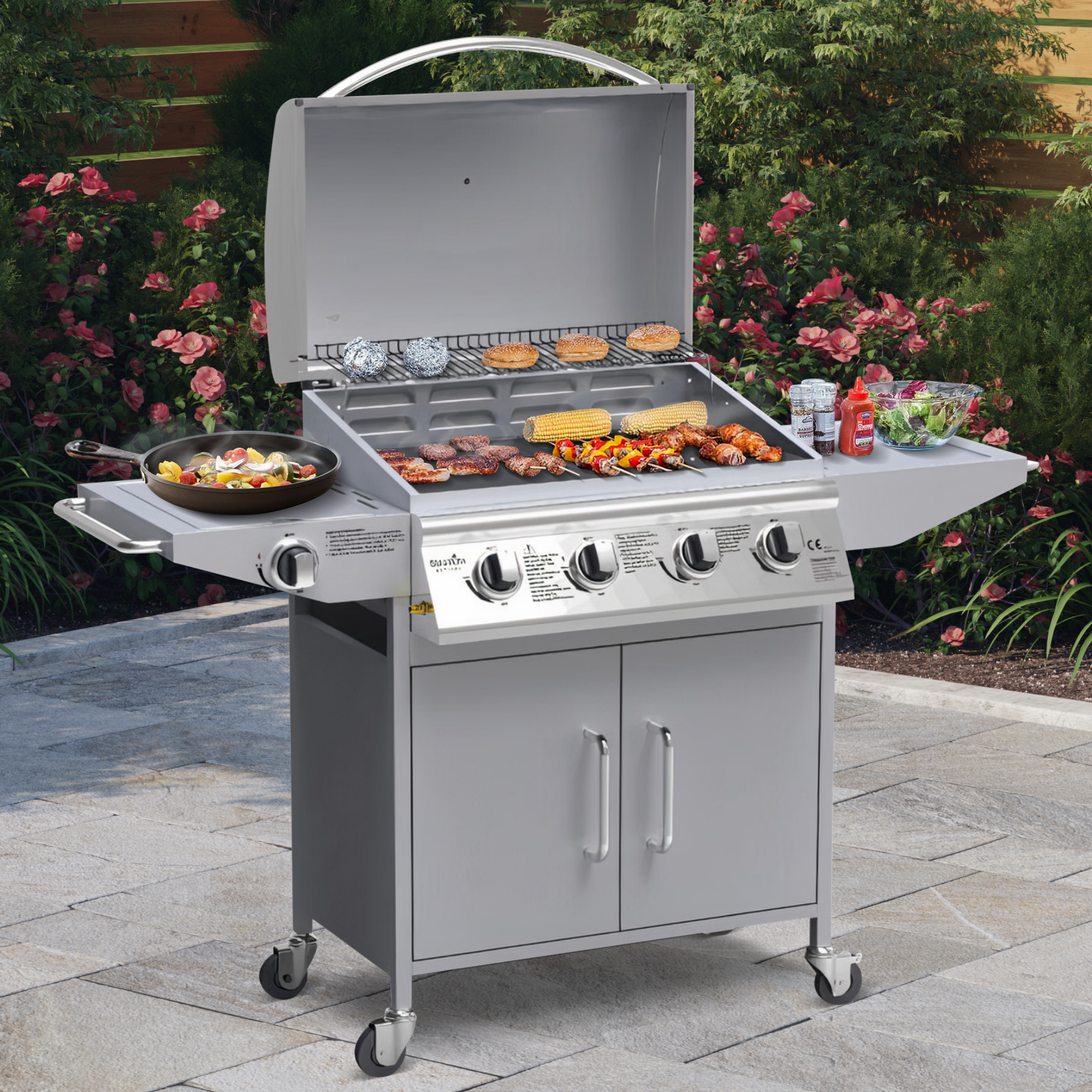 Billyoh Huntsville Silver 4 Burner Gas Bbq Grill With Side Burner Side Table Includes Cover Regulator Silver 4 Burner