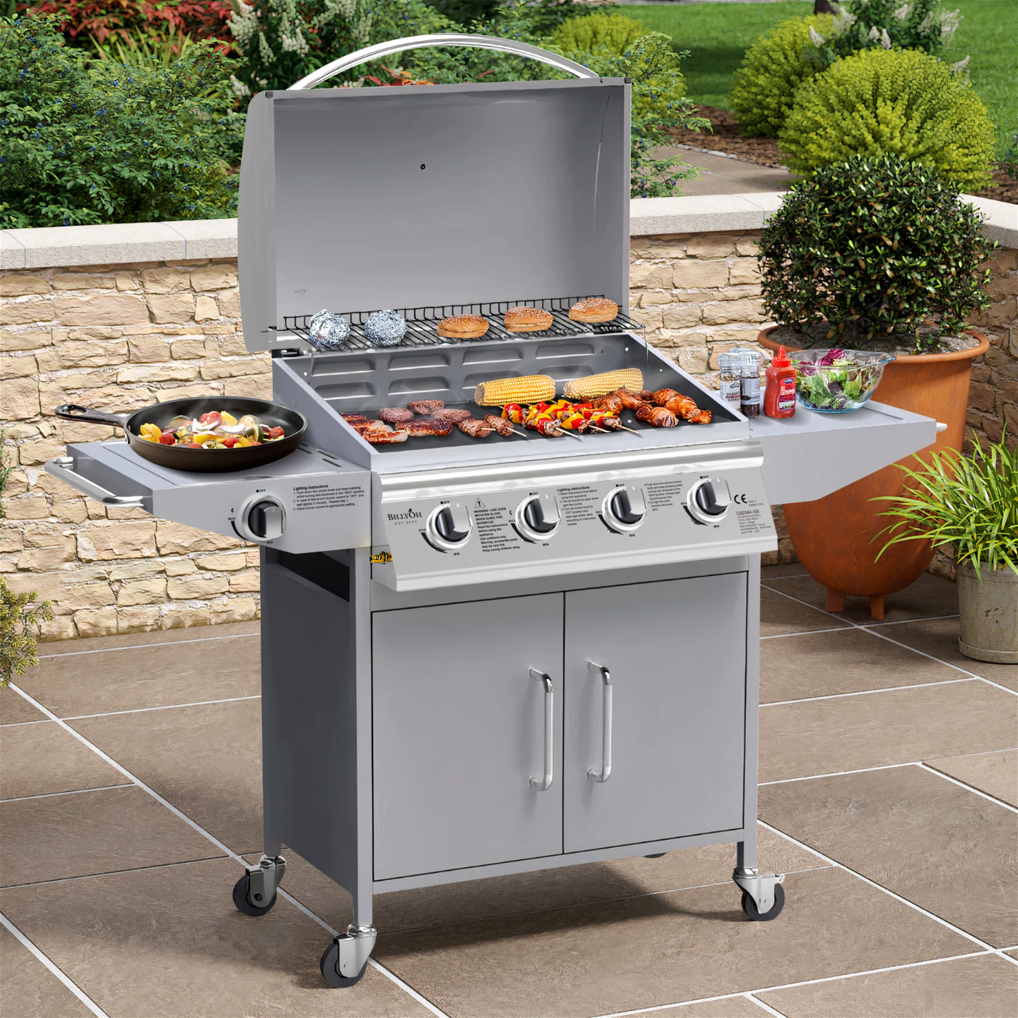 BillyOh Huntsville Silver 4 Burner Gas BBQ Grill with Side Burner & Side Table Includes Cover & Regulator - Silver 4 Burner