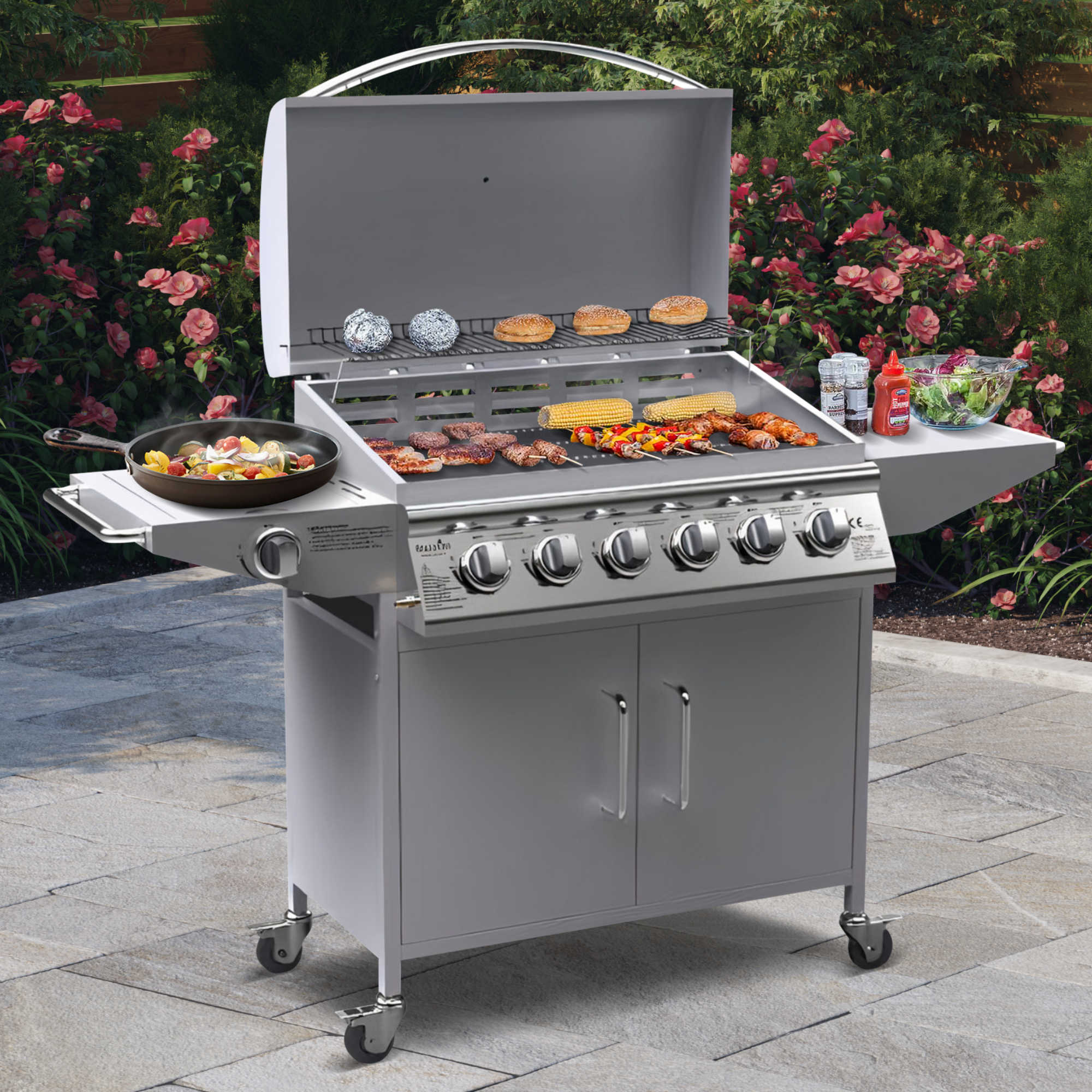 Billyoh Huntsville Silver 6 Burner Gas Bbq Grill With Side Burner Side Table Includes Cover Regulator 6 Burner Silver