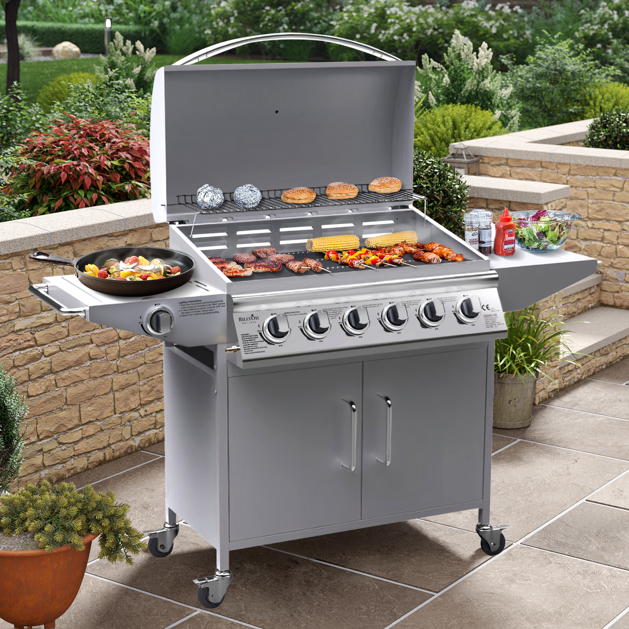 BillyOh Huntsville Silver 6 Burner Gas BBQ Grill with Side Burner & Side Table Includes Cover & Regulator - 6 Burner Silver