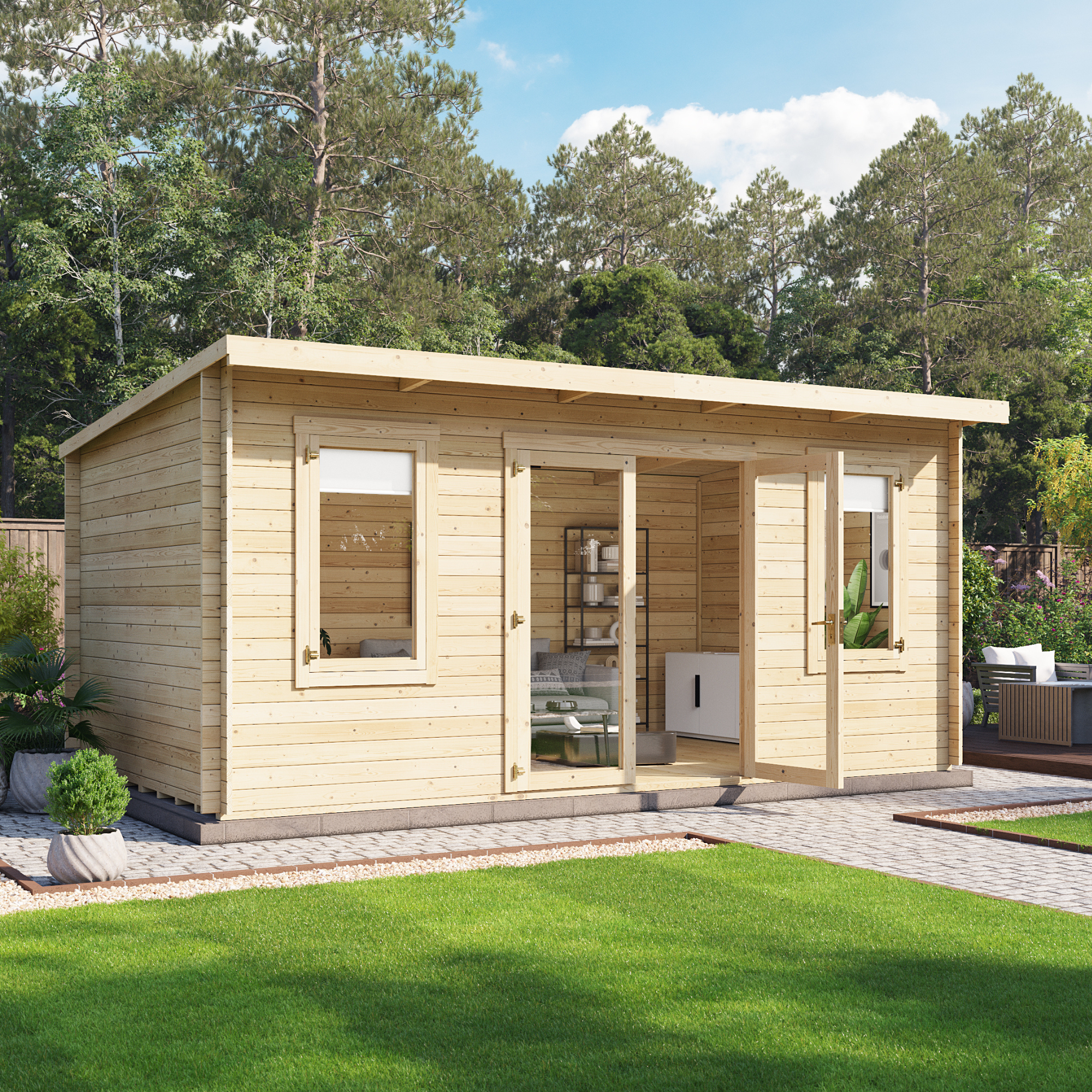5 x 3 Log Cabin - BillyOh Fraya Pent Log Cabin - 44mm Thickness Wooden Log Cabin Summer House - 5m x 3m