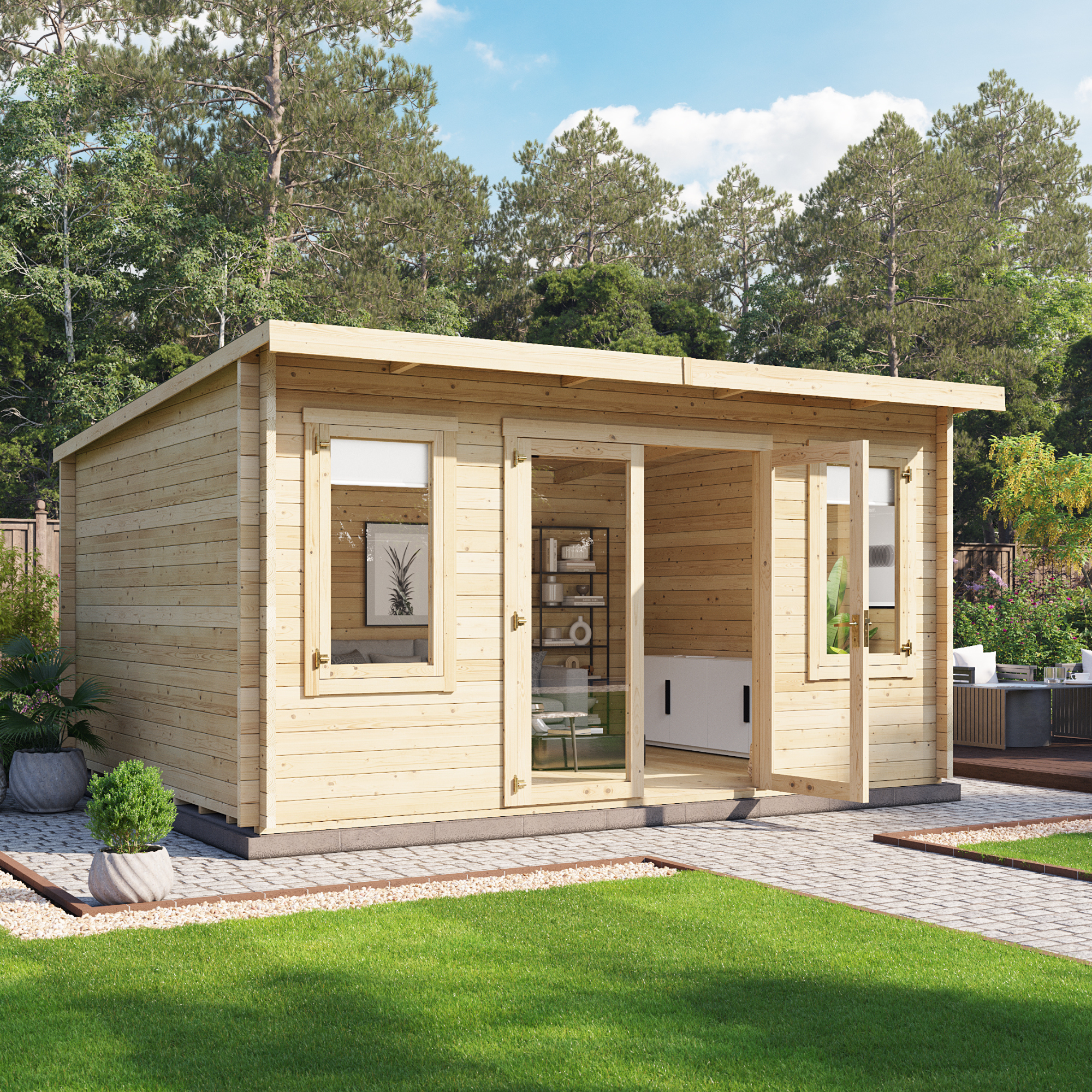 4.5 x 3.5 Log Cabin Summerhouse - BillyOh Fraya Pent Log Cabin - 44mm Thickness Wooden Log Cabin Summer houses - 4.5m x 3.5m