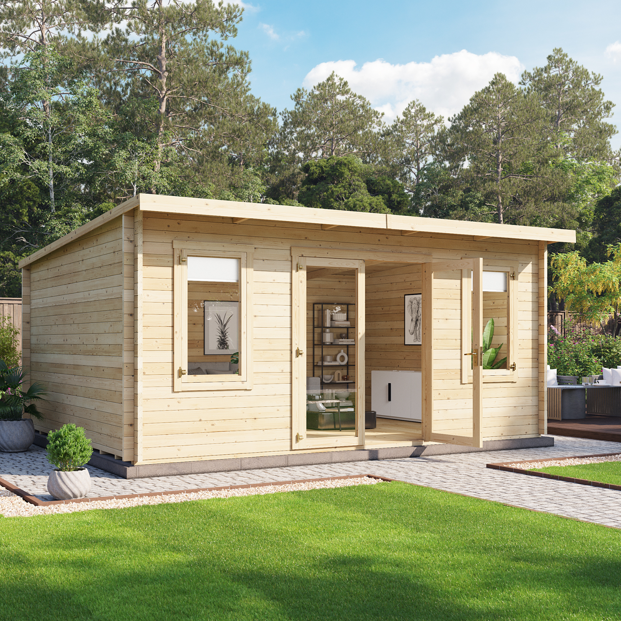 5 x 4 Log Cabin Summer House - BillyOh Fraya Pent Log Cabin - 44mm Thickness Wooden Log Cabin Summerhouses - 5m x 4m