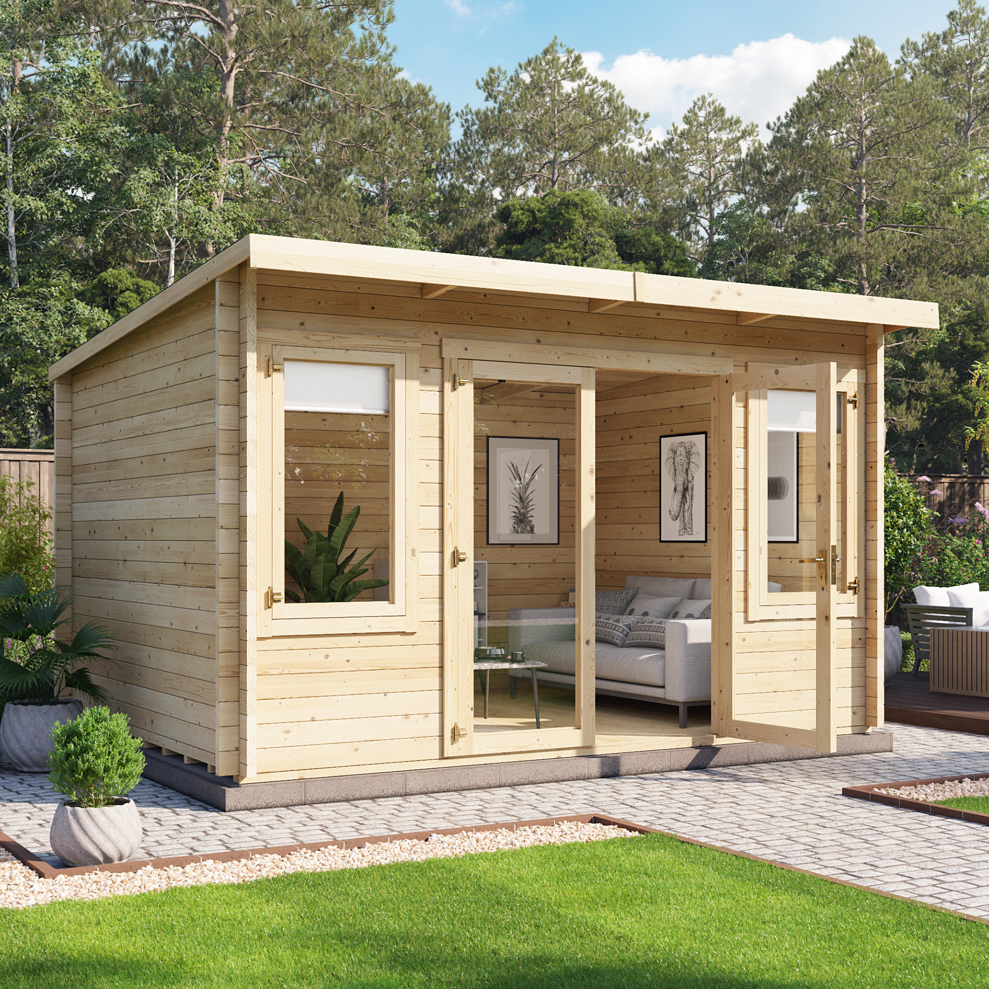 4 x 3 Log Cabin Summerhouse - BillyOh Fraya Pent Log Cabin - 28mm Thickness Wooden Log Cabin Summer Houses - 4m x 3.0m