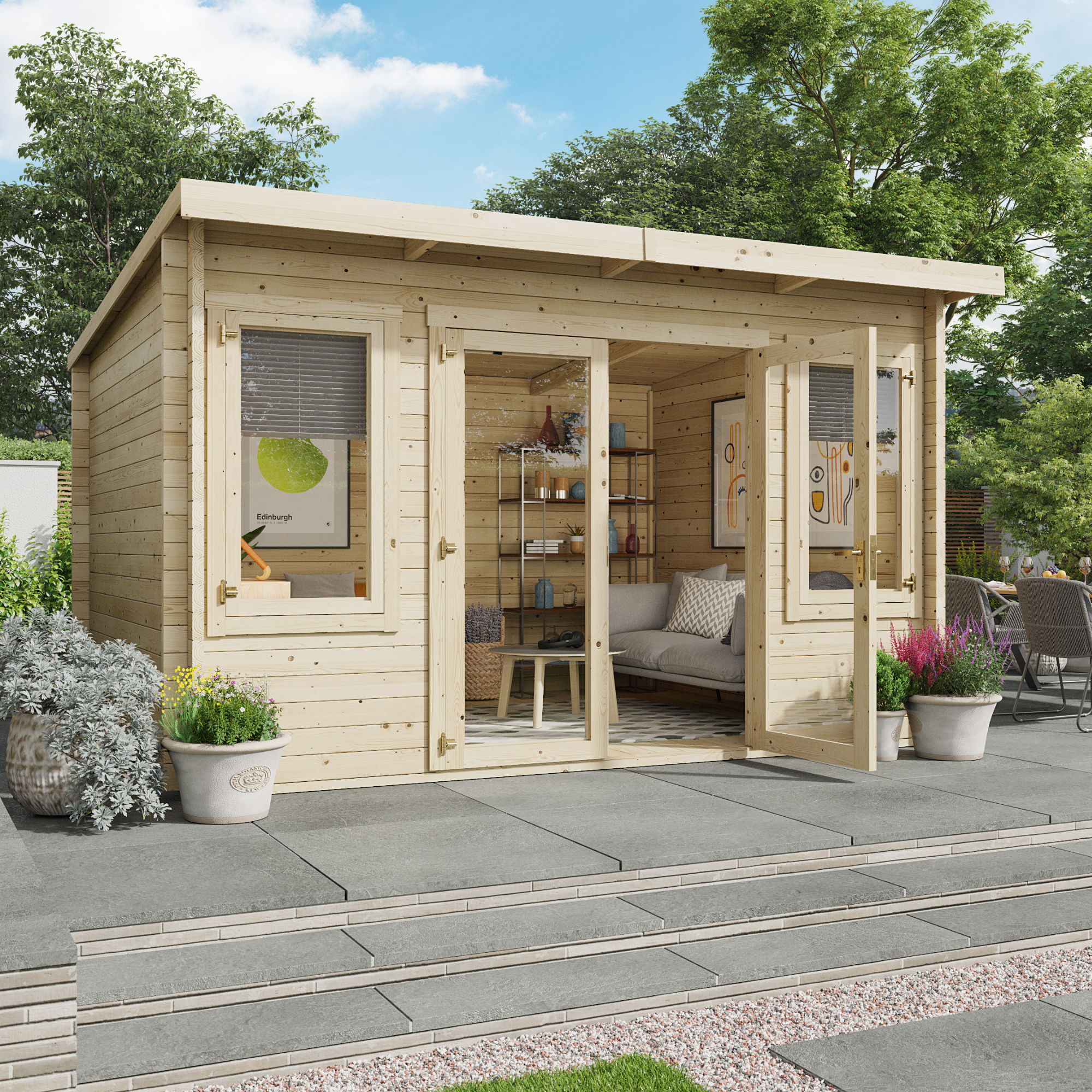 4.5 x 3 Pressure Treated Log Cabin - BillyOh Fraya Pent Log Cabin Summer House - 44mm Thickness Wooden Log Cabin Summer Houses - 4.m x 3m