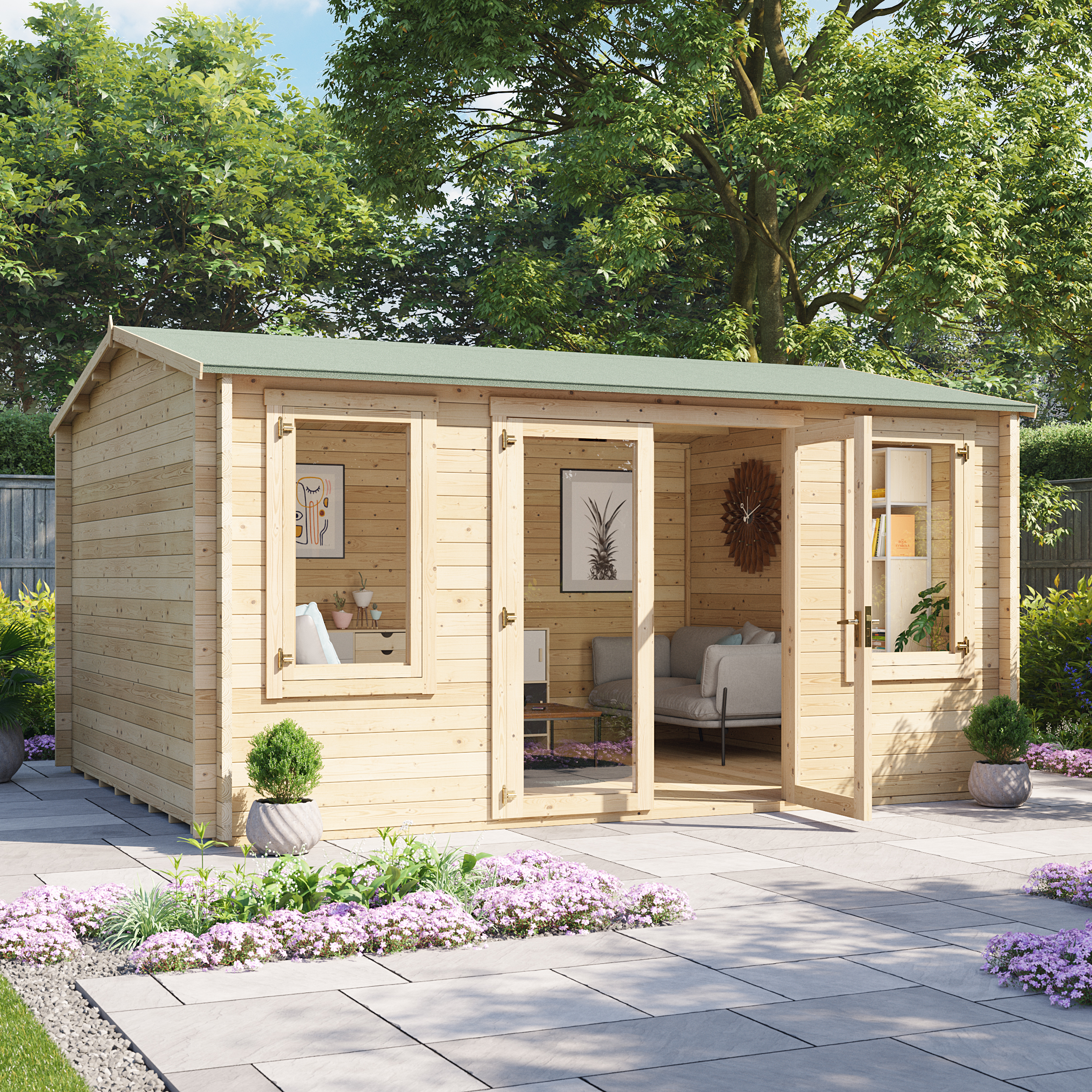 4.5 x 3.5 Pressure Treated Log Cabin - BillyOh Dorset Log Cabin - 44mm Thickness Wooden Log Cabin Summerhouse - 4.5m x 3.5m Reverse Apex Cabin