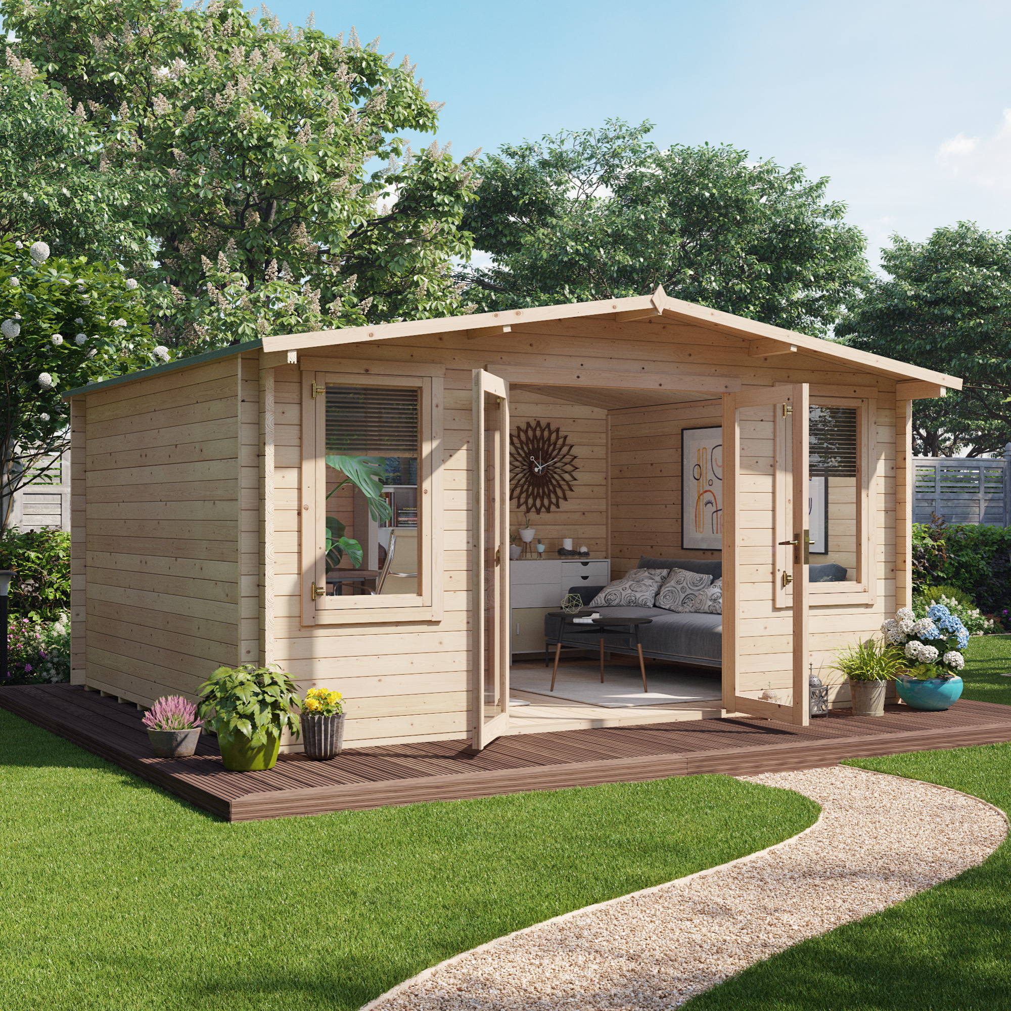 4.5 x 3.5 Log Cabin Summer House - BillyOh Winchester Log Cabin - 44mm Thickness Wooden Log Cabin Summerhouses - 4.5m x 3.5m Alpine Style Cabin