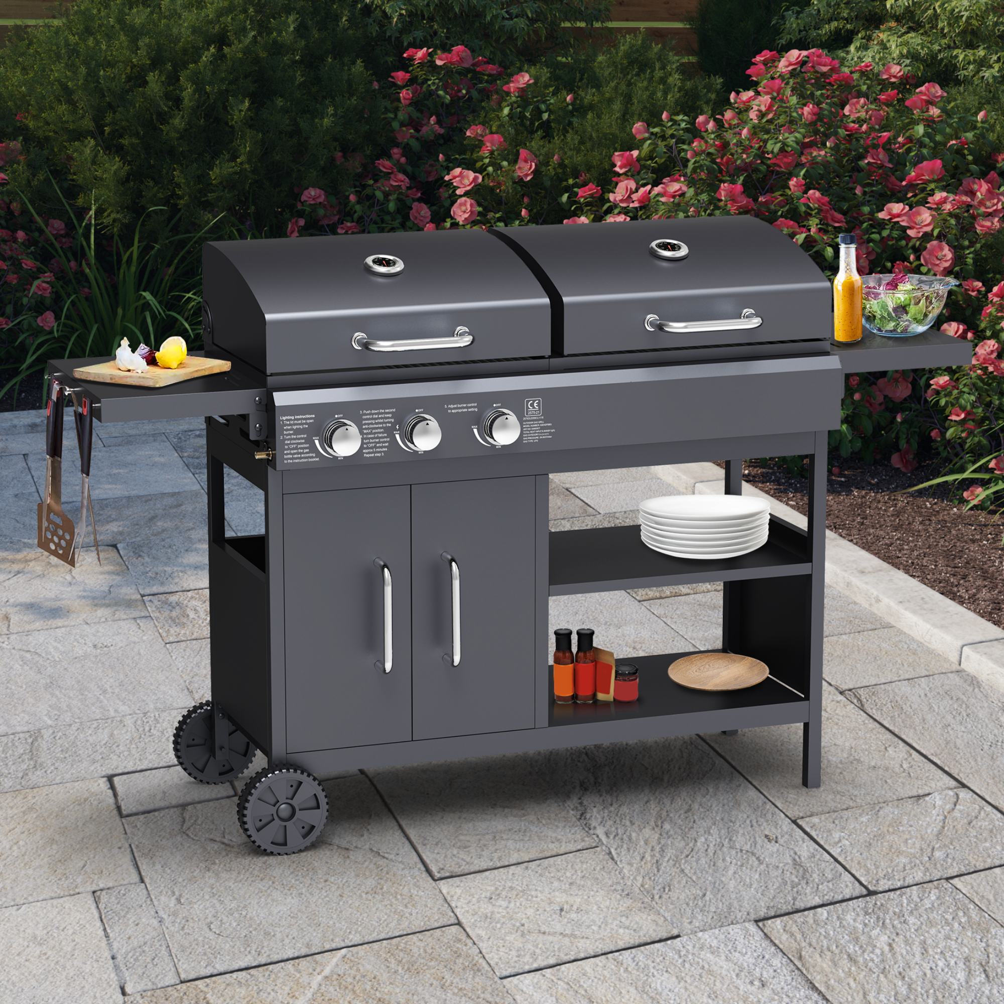 Billyoh Montana Black Dual Fuel Gas And Charcoal Hybrid Bbq With Side Tables Includes Cover Regulator Dual Fuel Gas And Charcoal Bbq Black