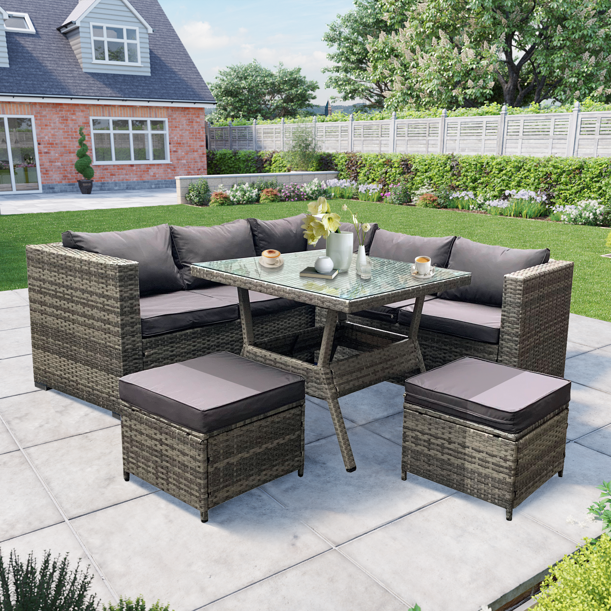 BillyOh Milan 6 Seater Corner Outdoor Rattan Garden Sofa Set Grey - L-Sofa with Table and 2 Seats- Grey