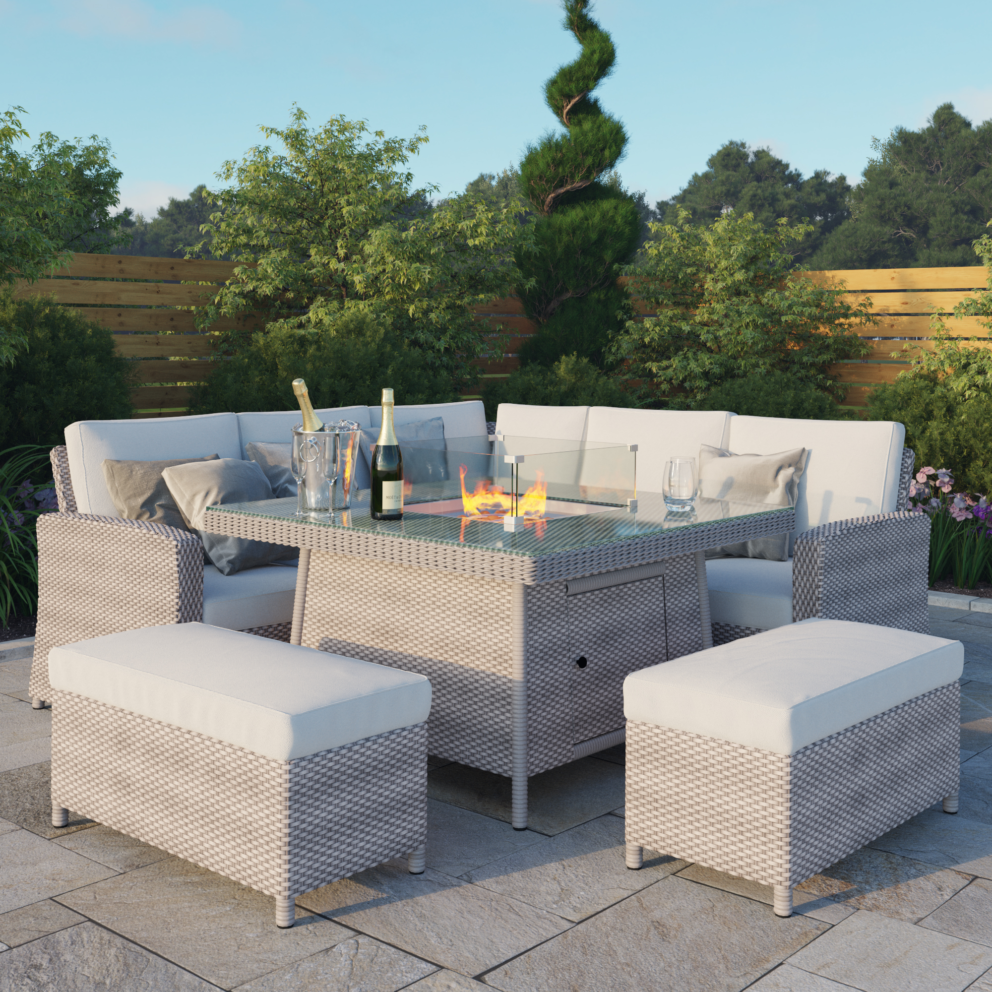Billyoh Capri Rattan Garden Corner Sofa Set With Firepit Table L Shaped Rattan With 2 Benches And Firepit
