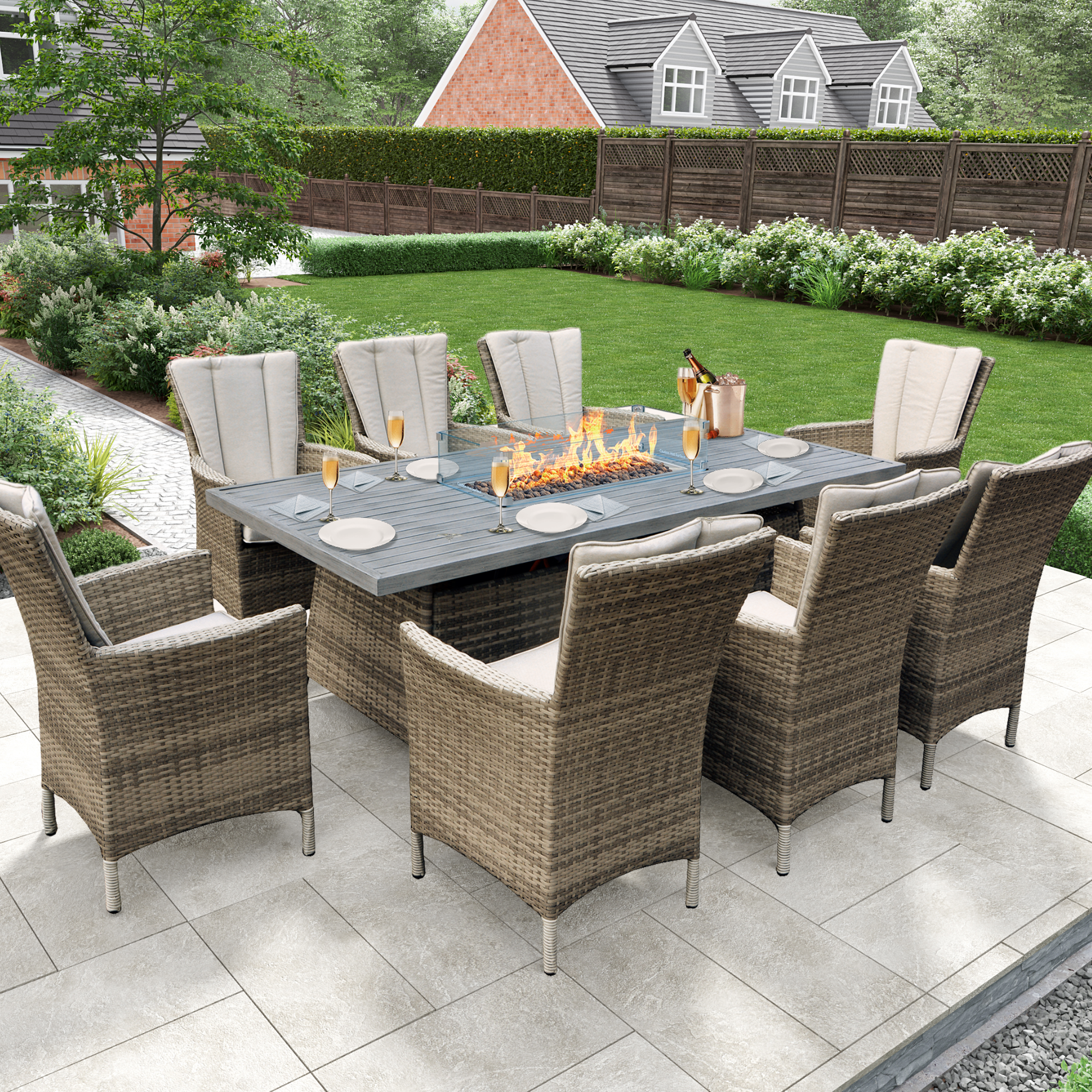 BillyOh Sicily 8 Seater Outdoor Rattan Garden Dining Set with Firepit Table - 8 Seater Long Rattan with Firepit