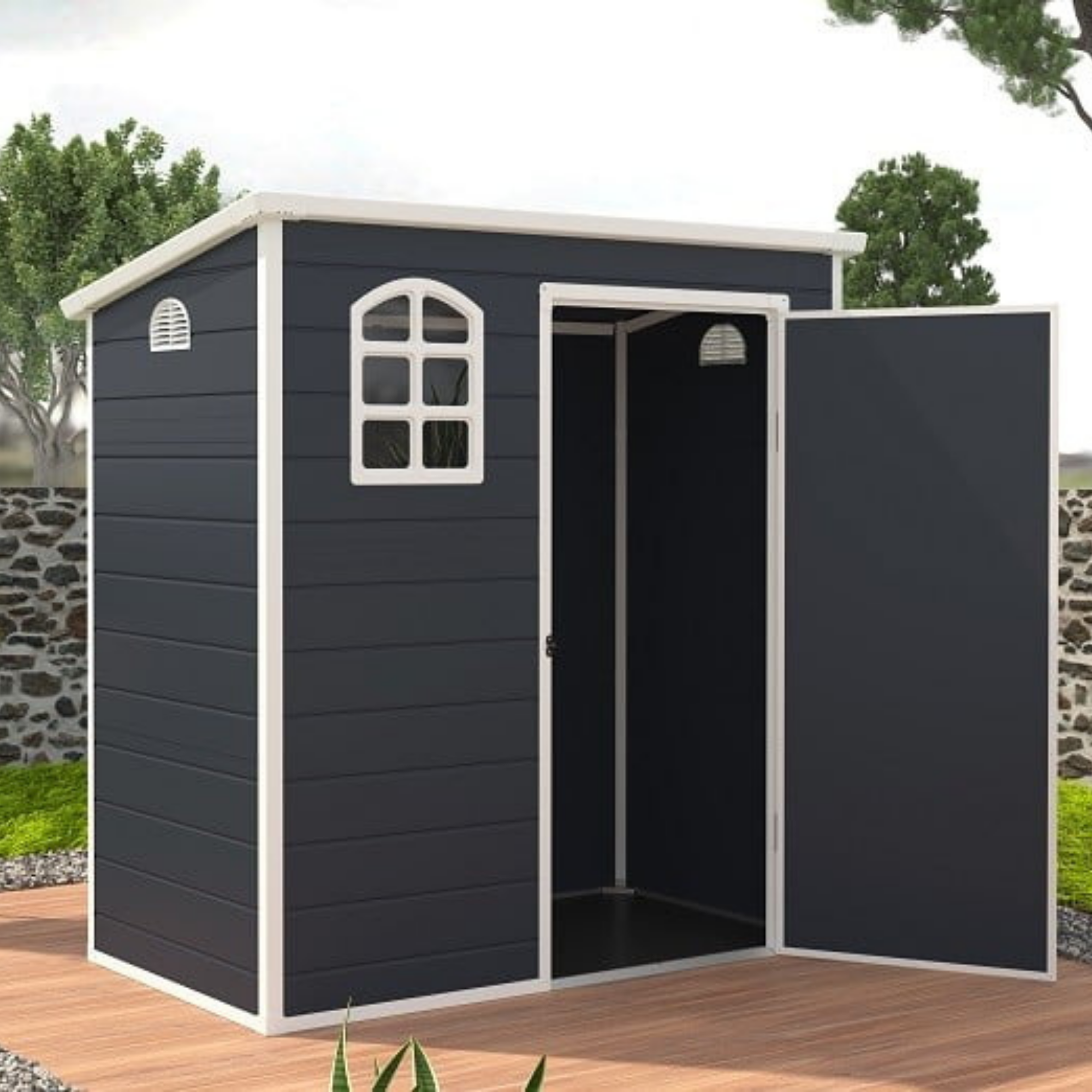 Jasmine 6x3 Plastic Pent Shed Ash Grey With Foundation Kit Jasmine 6x3 Plastic Pent Shed Ash Grey With Foundation Kit Beck A