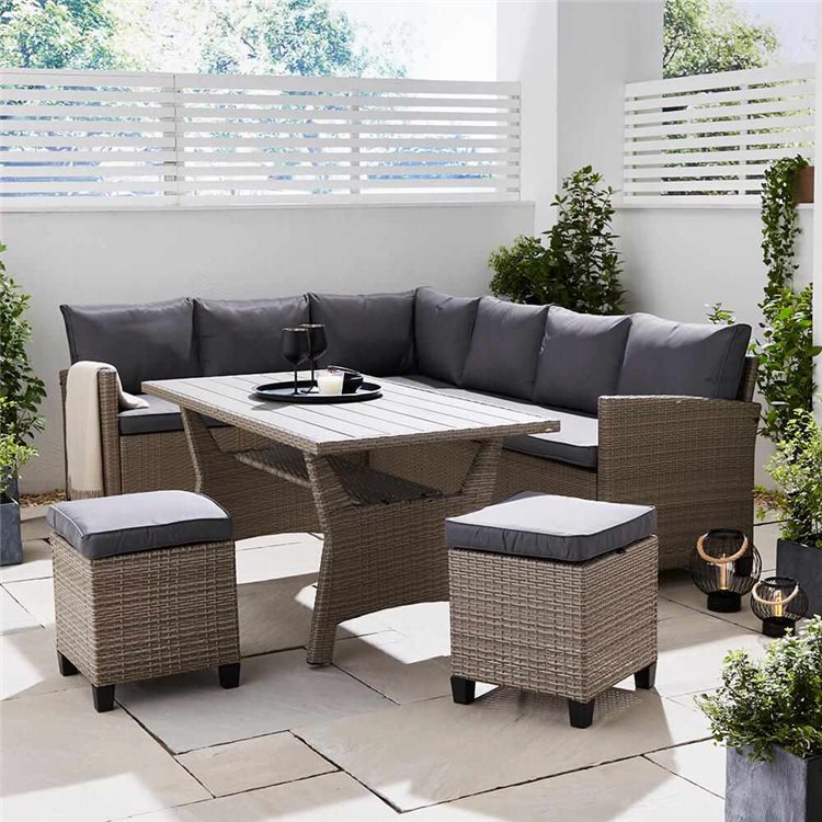 Rattan Corner Sofa Set With Dining Table And Two Foot Stools Grey Rattan Corner Sofa Set With Dining Table And Two Foot Stools Grey